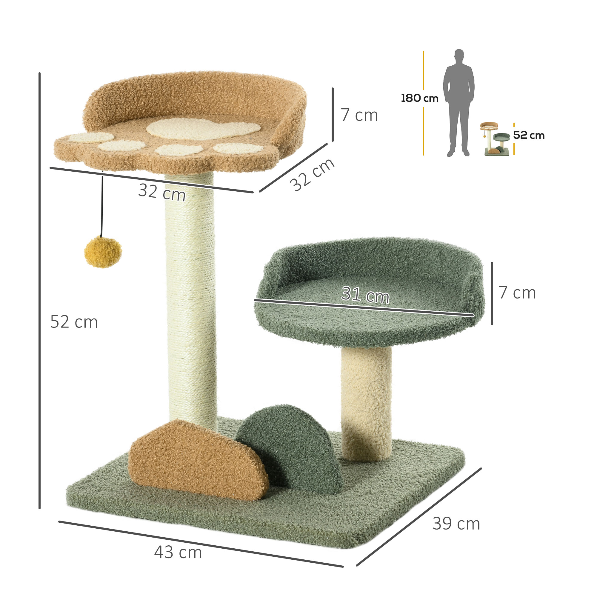 Árbol para gatos con múltiples niveles, dimensiones indicadas. Colores neutros y un juguete colgante. Fondo blanco.