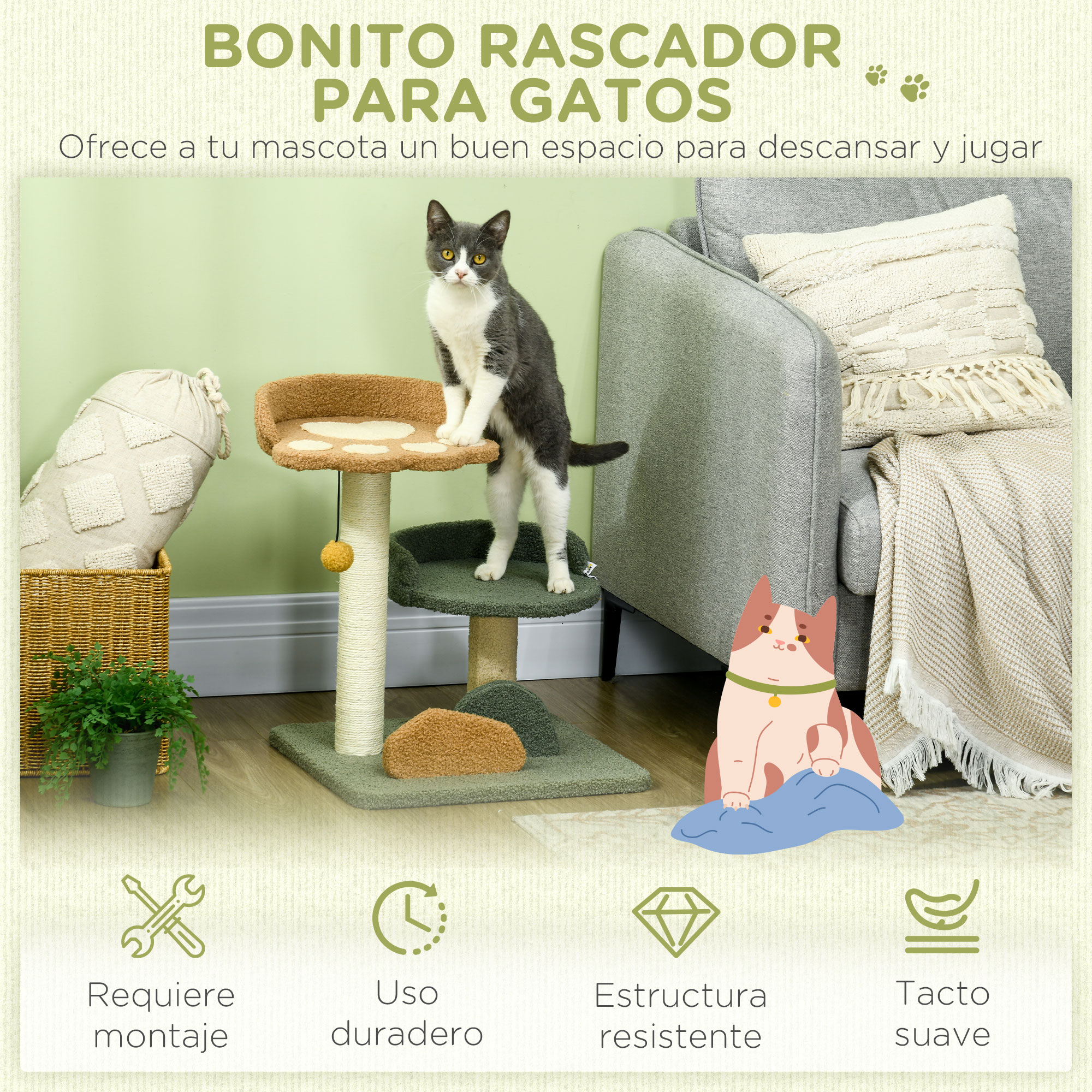 Árbol para gatos con un gato, texto en español e ilustraciones del cuidado de gatos.