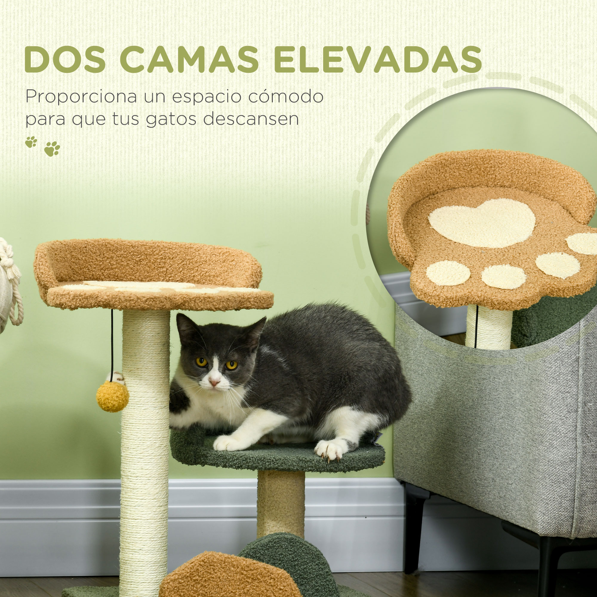 Un árbol para gatos con múltiples niveles y medidas. Un gato está sentado en un nivel. Fondo beige.