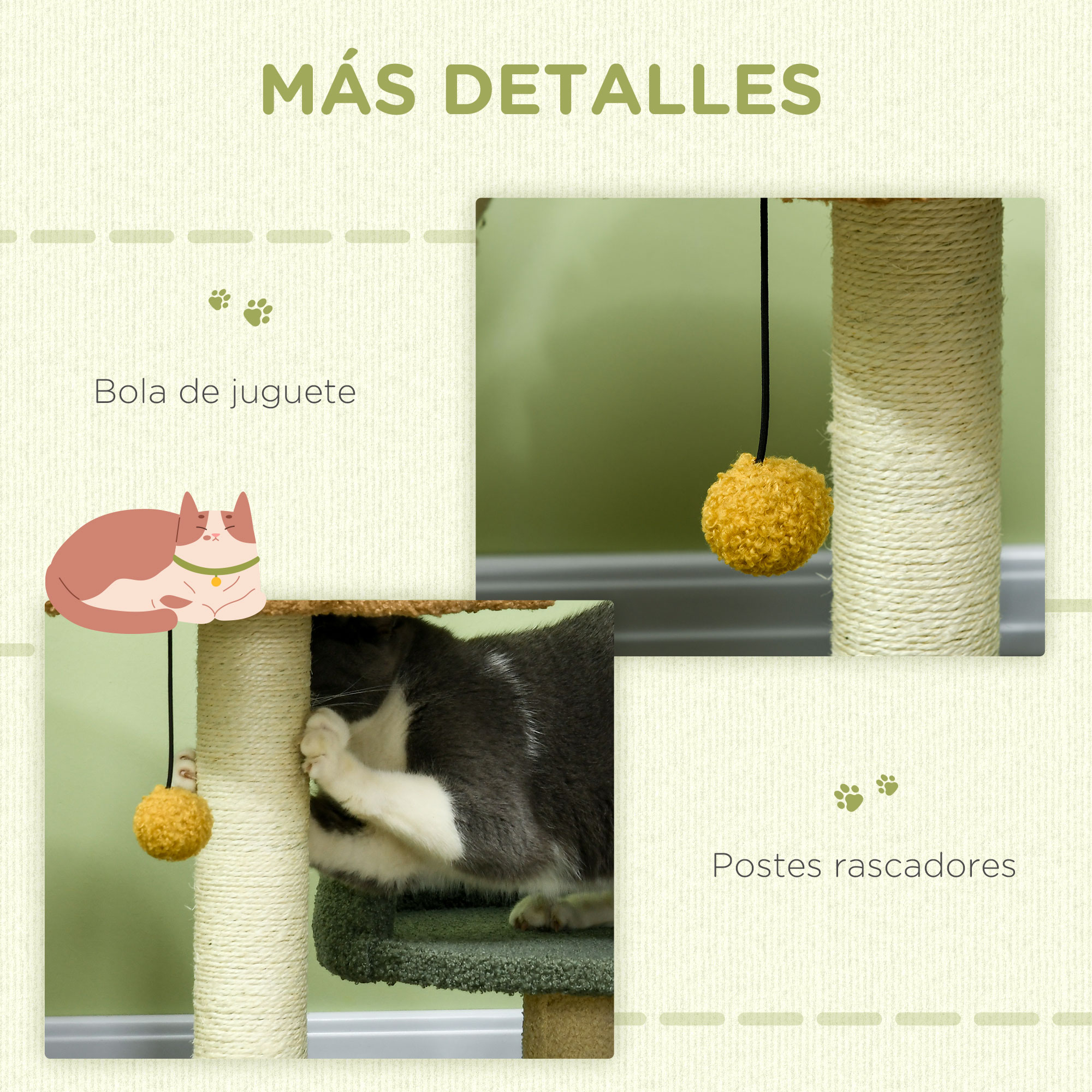 Rascador para gatos con bola de juguete y gato. Características: bola de juguete y postes rascadores.