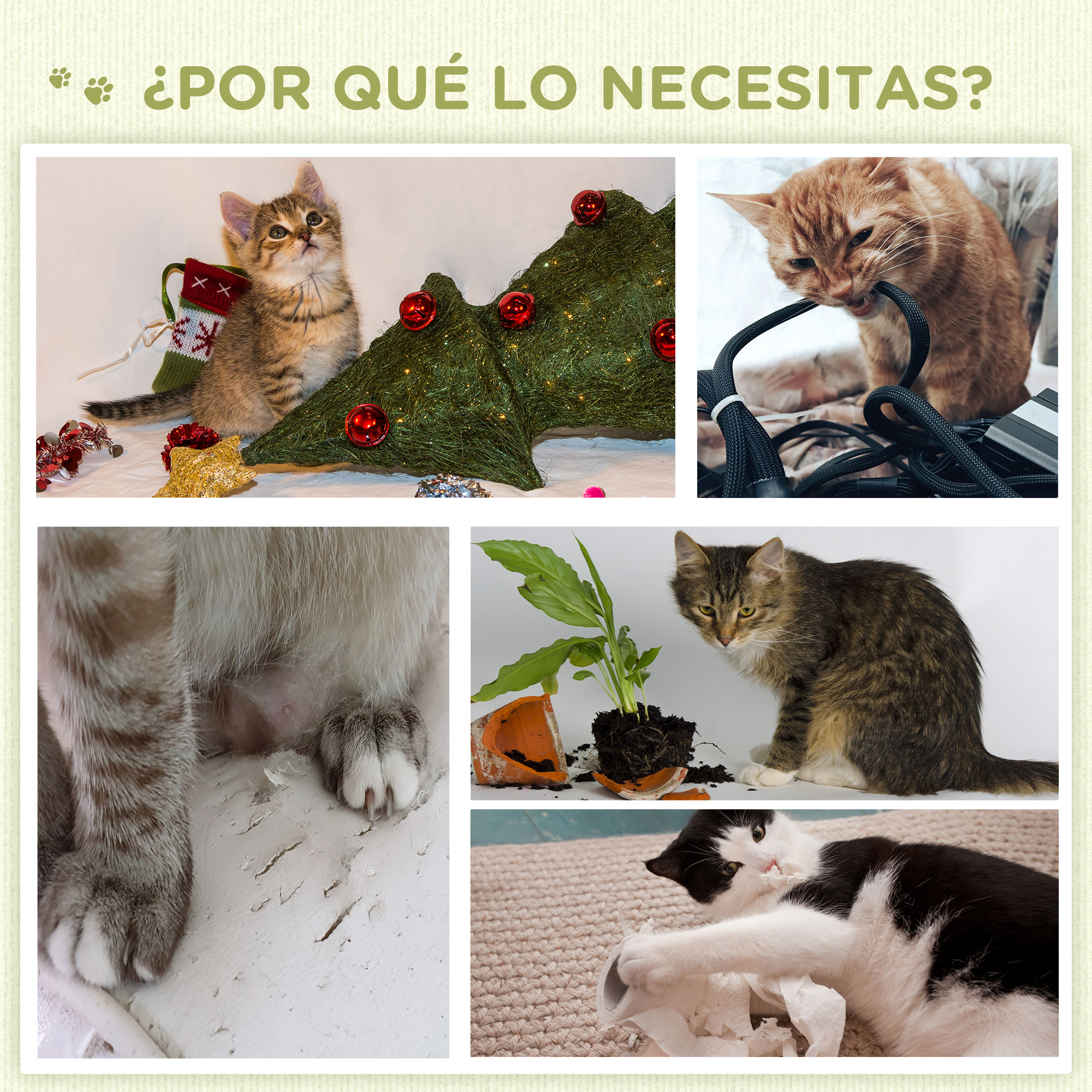 Collage: Gatos con árbol de Navidad, masticando cables, huellas, daños a plantas y rasgando papel.