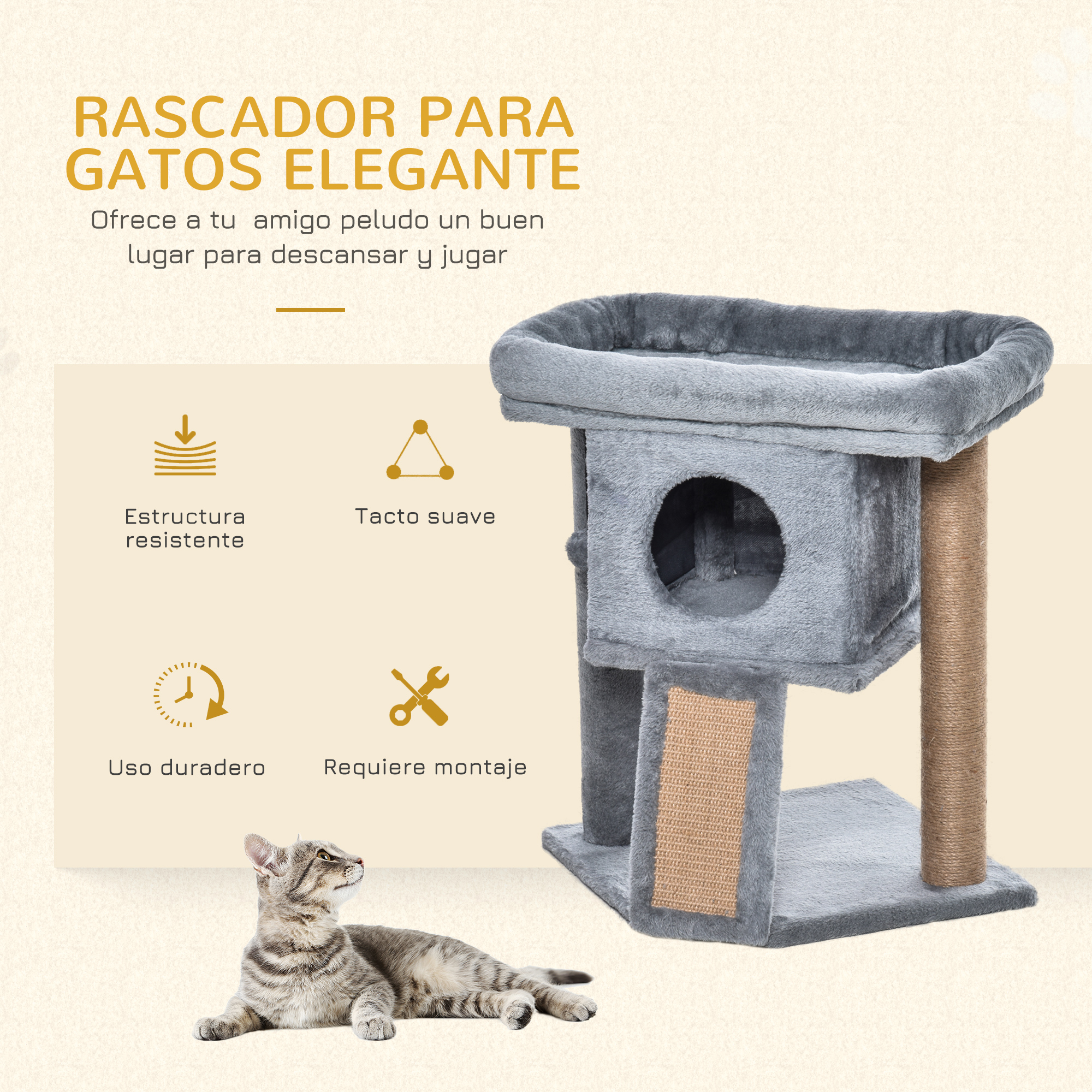 Árbol para gatos gris con múltiples niveles y gato acostado enfrente.