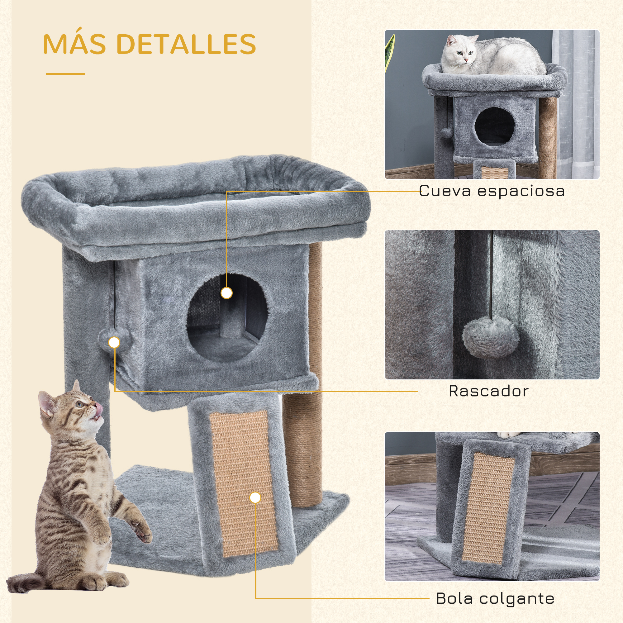 Un gato gris en un árbol para gatos con una cueva espaciosa, un rascador y una bola colgante, y detalles.