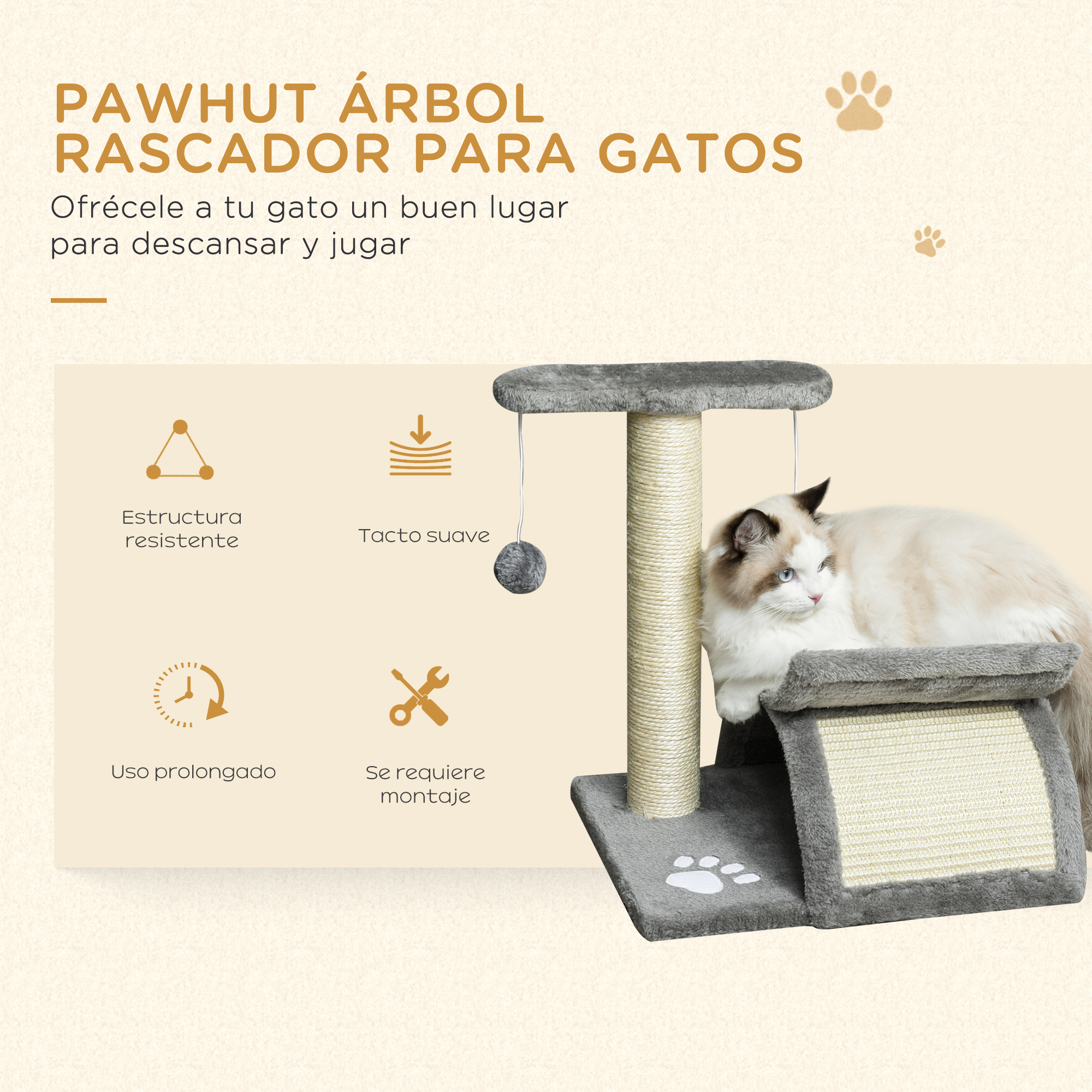 Un árbol para gatos con múltiples niveles y un gato descansando en el nivel superior, con texto e iconos.