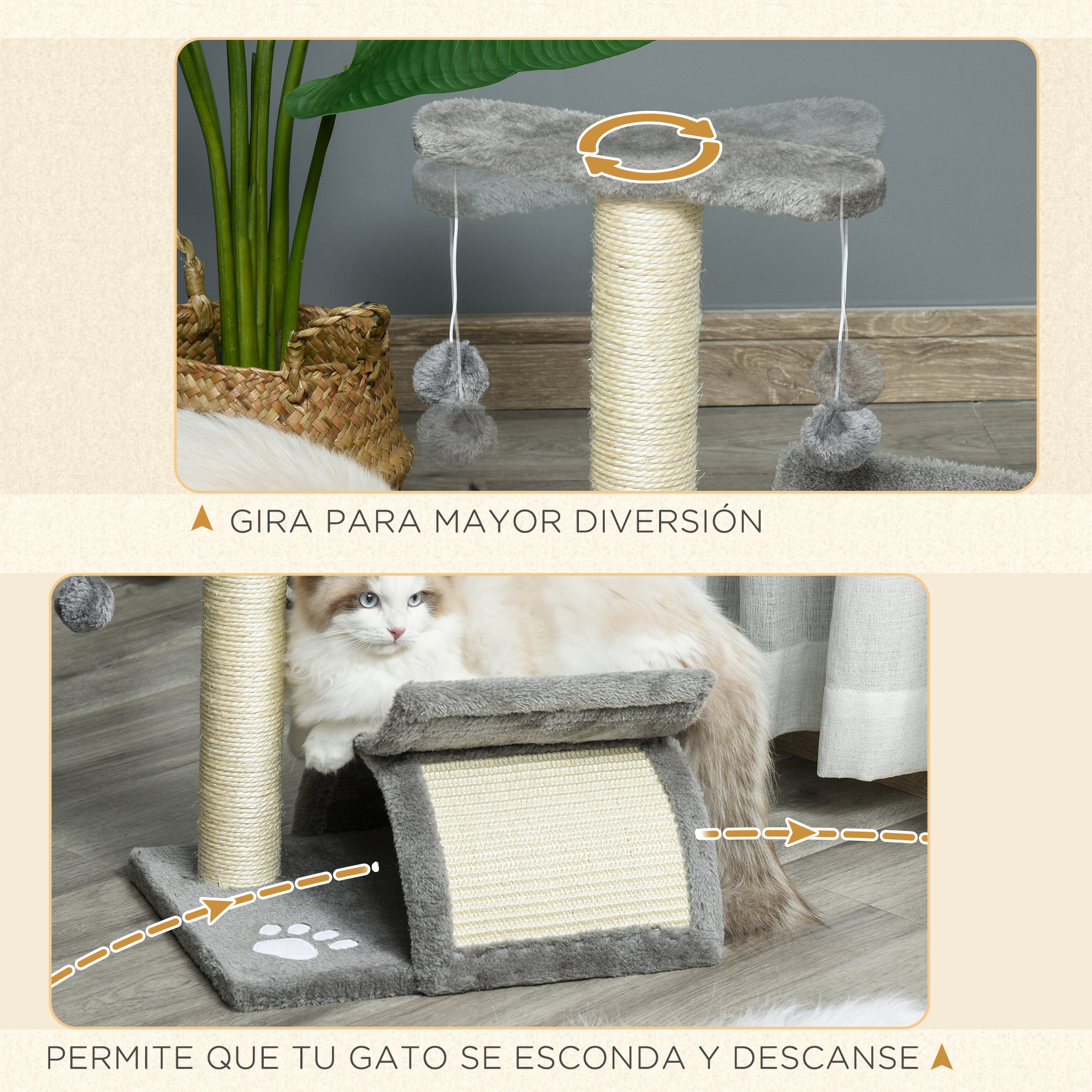Árbol para gatos con rascador, cama y juguete. Gato descansando en la cama.