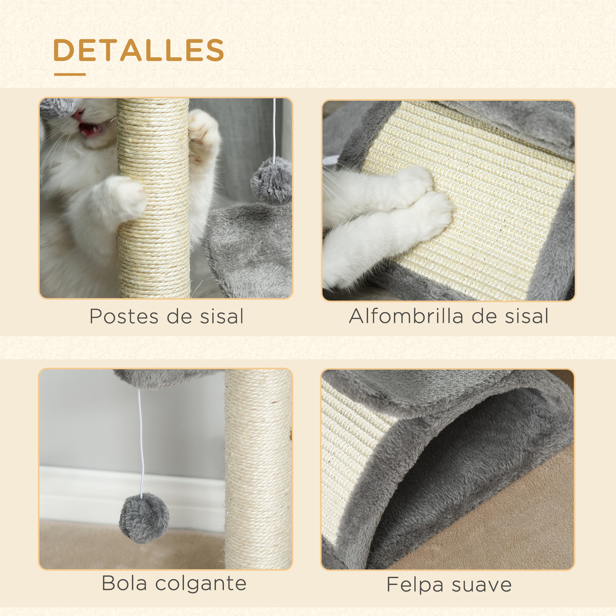 Detalles de un rascador para gatos. Postes de sisal, alfombrilla de sisal, bola colgante y fieltro suave.