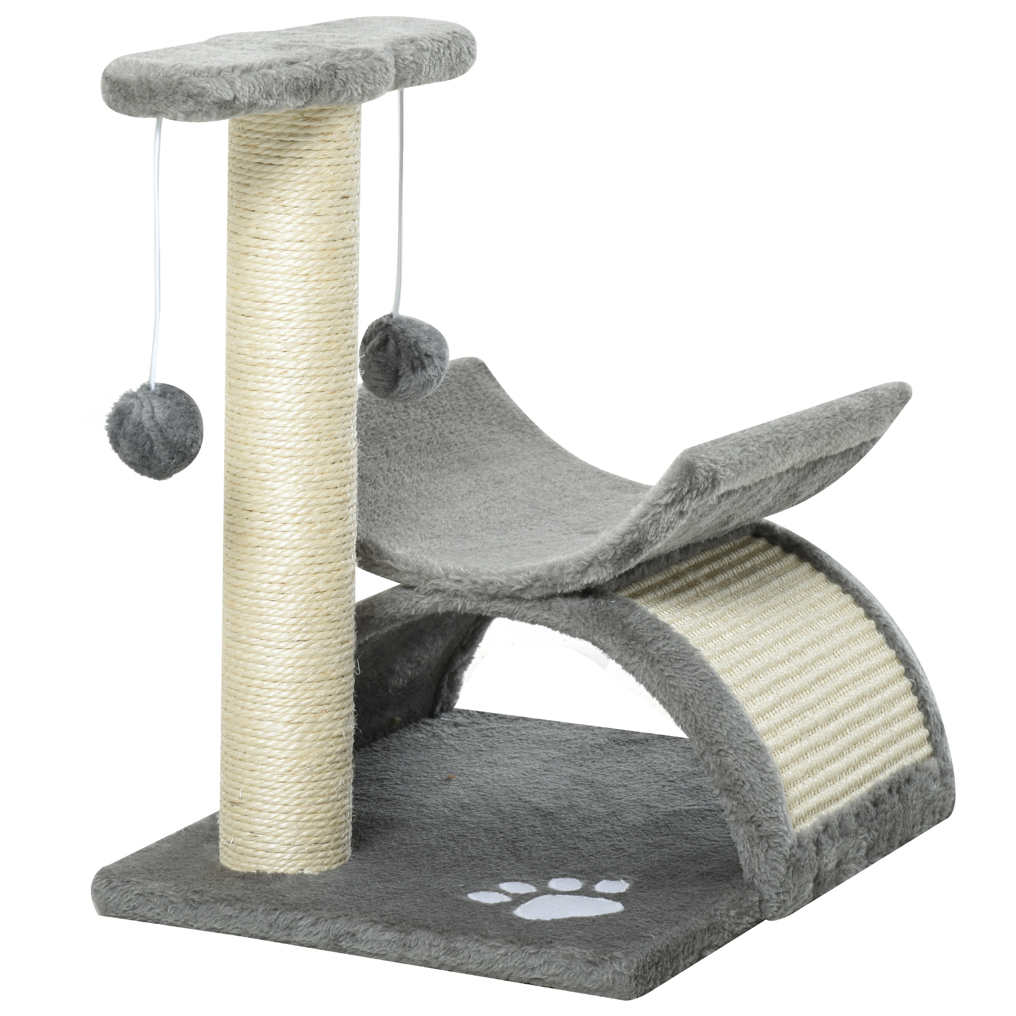 Rascador para gatos gris con zona de descanso curvada y juguetes colgantes. Base con huella.