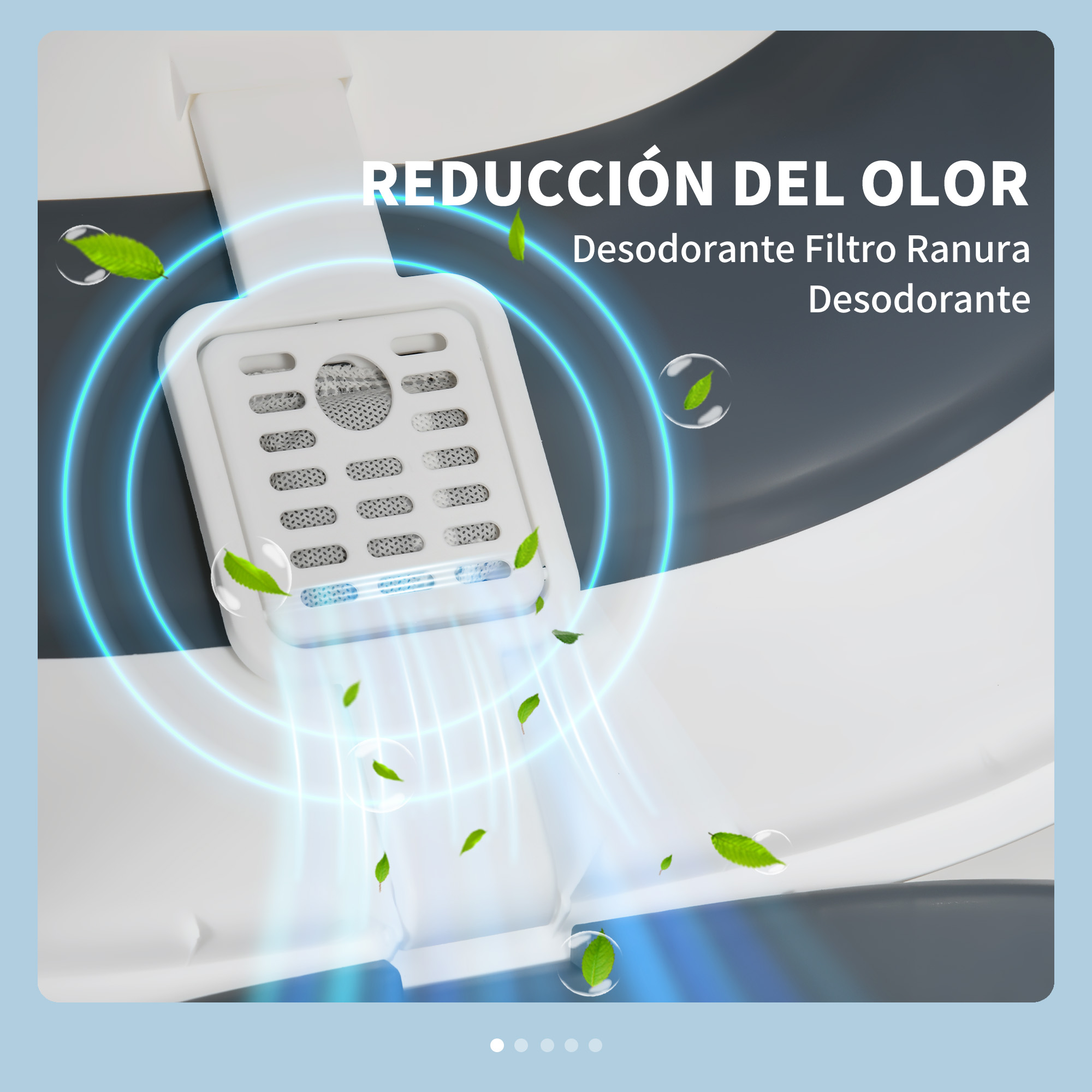 Primer plano de un desodorante. El texto dice: Reducción de olores, Desodorante, Ranura del filtro, Desodorante.