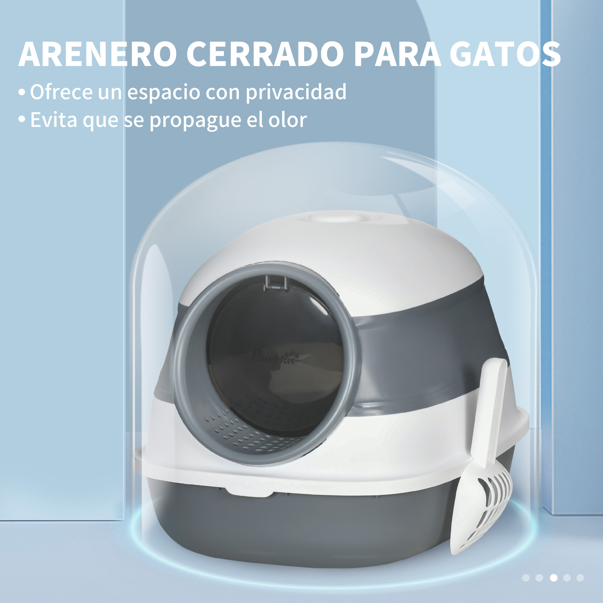 Una caja de arena cerrada para gatos con una pala. Es blanca, gris y transparente, con texto 'ARENERO CERRADO PARA GATOS'.