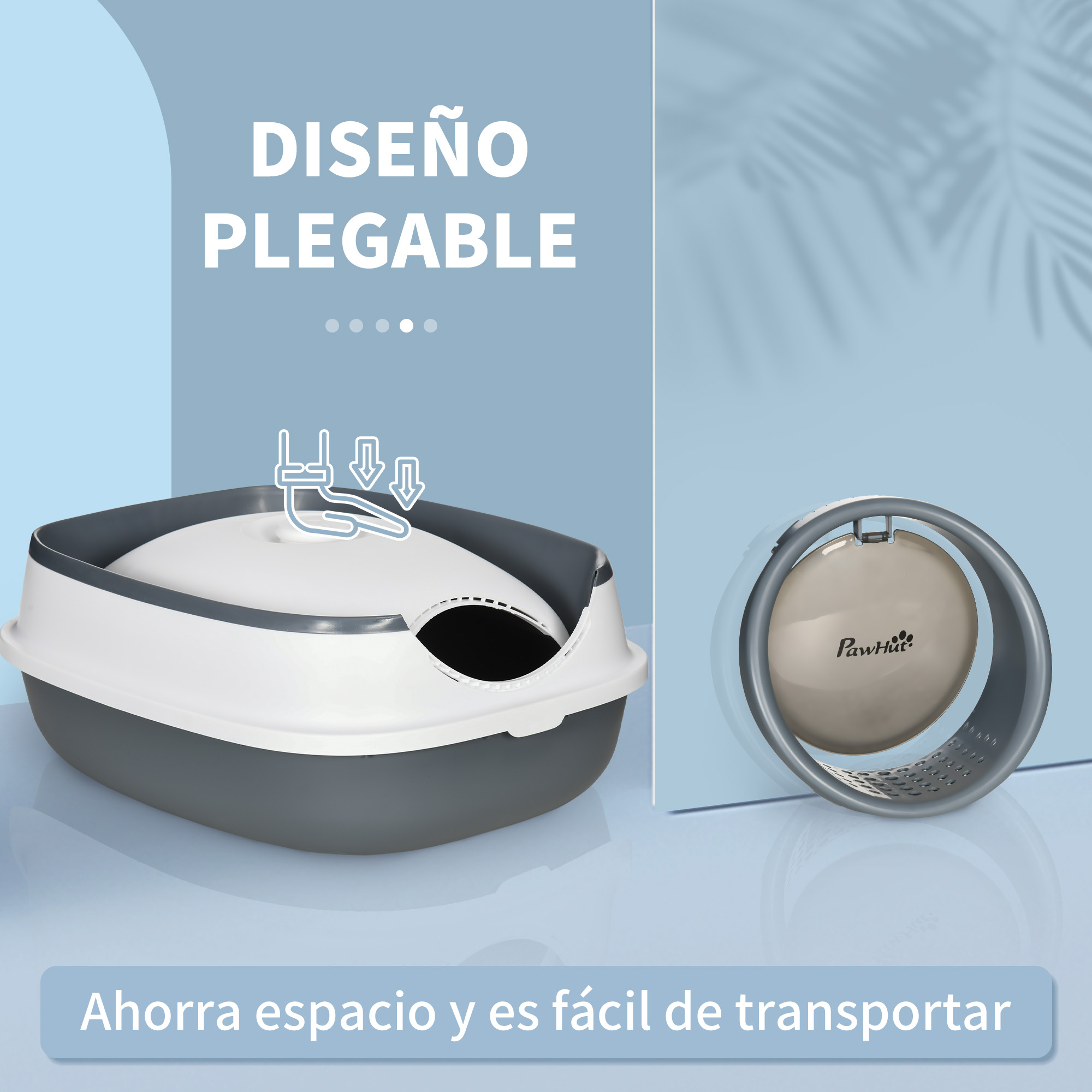 Una caja de arena plegable para gatos, con una imagen de la caja y una pala, y una etiqueta.