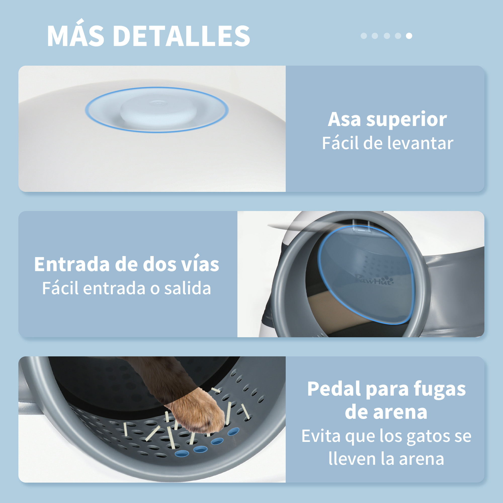Primer plano de una caja de arena para gatos con detalles del asa, la entrada de dos vías y un pedal para la arena.