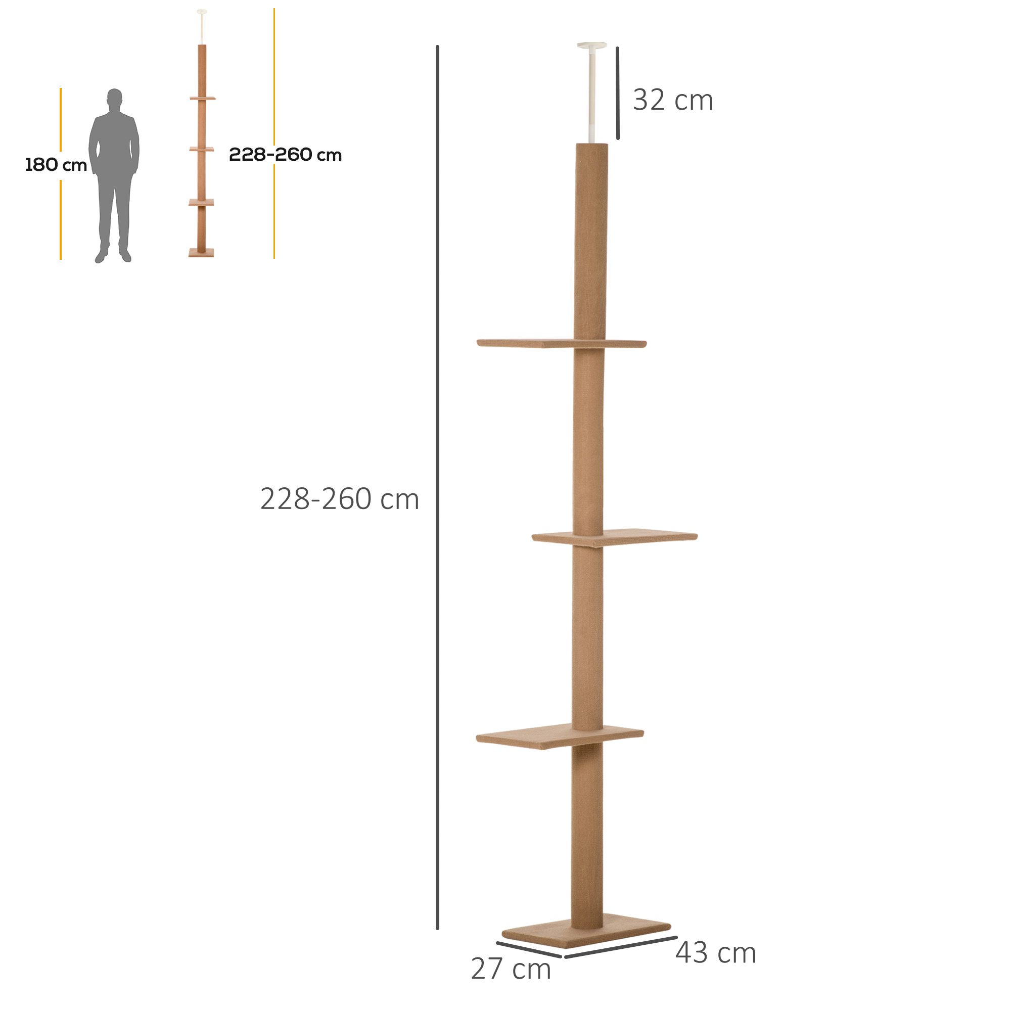 Árbol para gatos con múltiples plataformas y figura humana como referencia de tamaño.