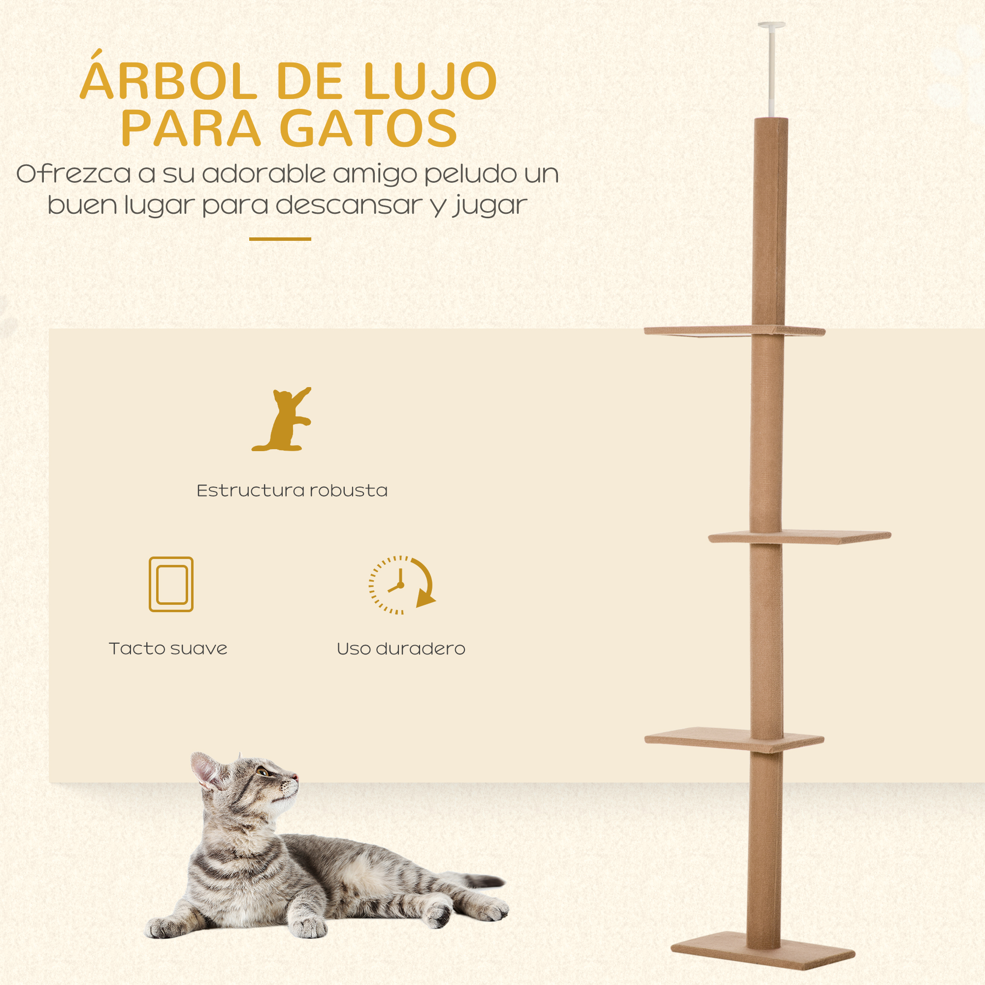 Árbol para gatos con un gato. Estructura marrón con estantes. Un gato sentado en uno de los estantes.