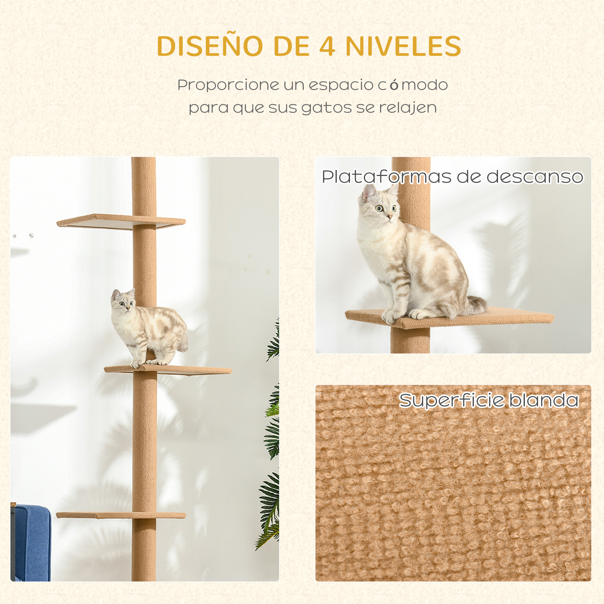 Un árbol para gatos con múltiples plataformas. Los gatos están sentados en las plataformas. Texto: Diseño de 4 niveles.