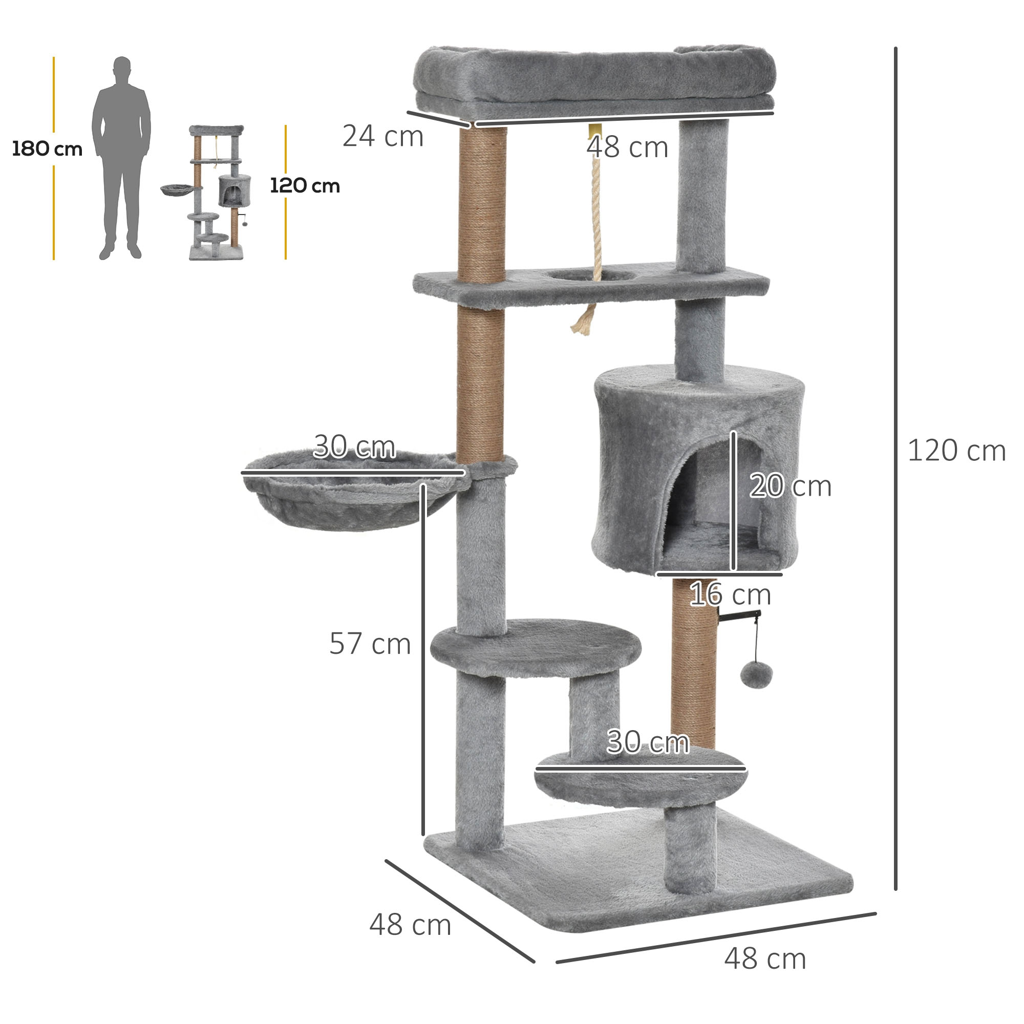 Un árbol para gatos alto con múltiples niveles, plataformas y una cueva, se indican las dimensiones.