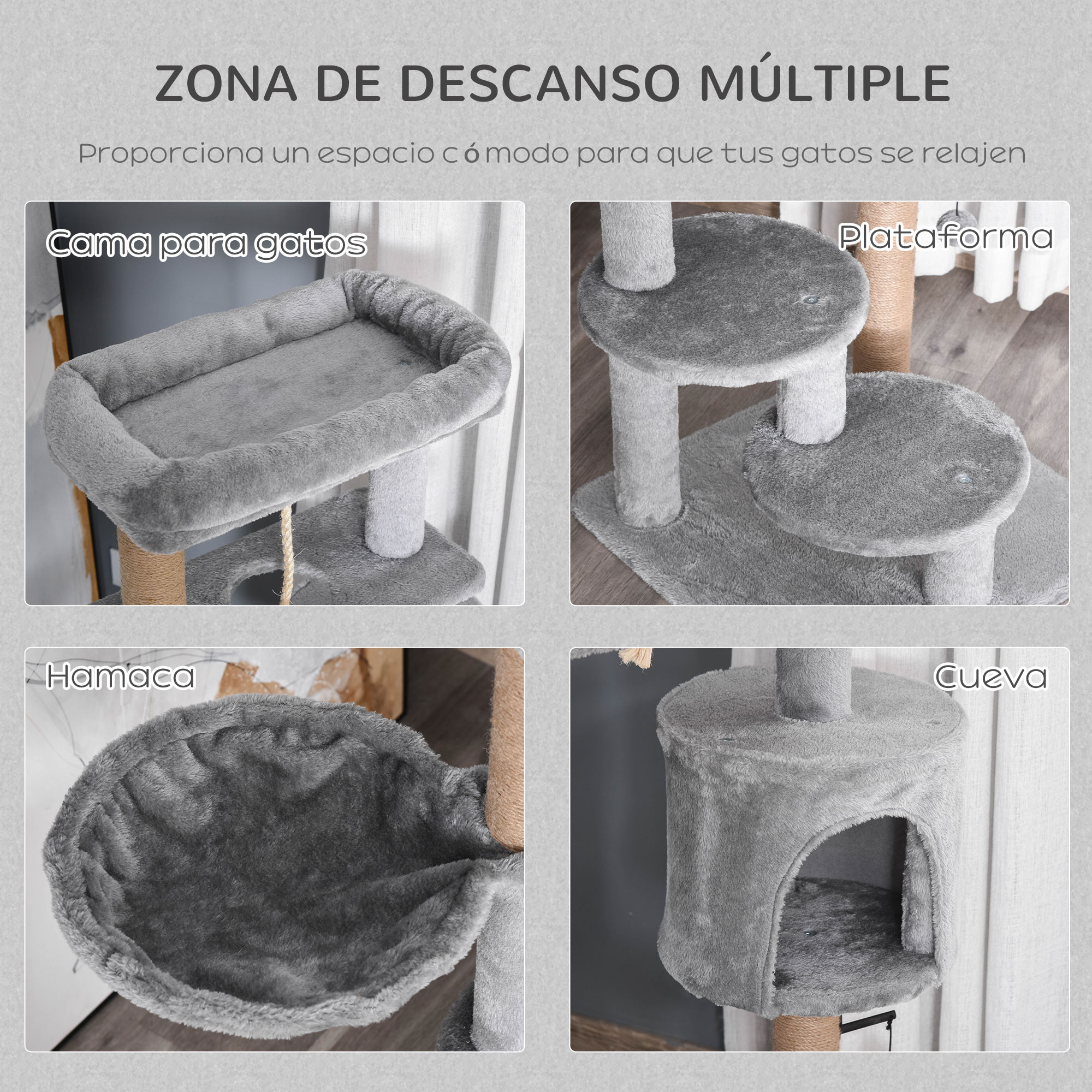 Árbol para gatos con múltiples plataformas, cama, hamaca y cueva.