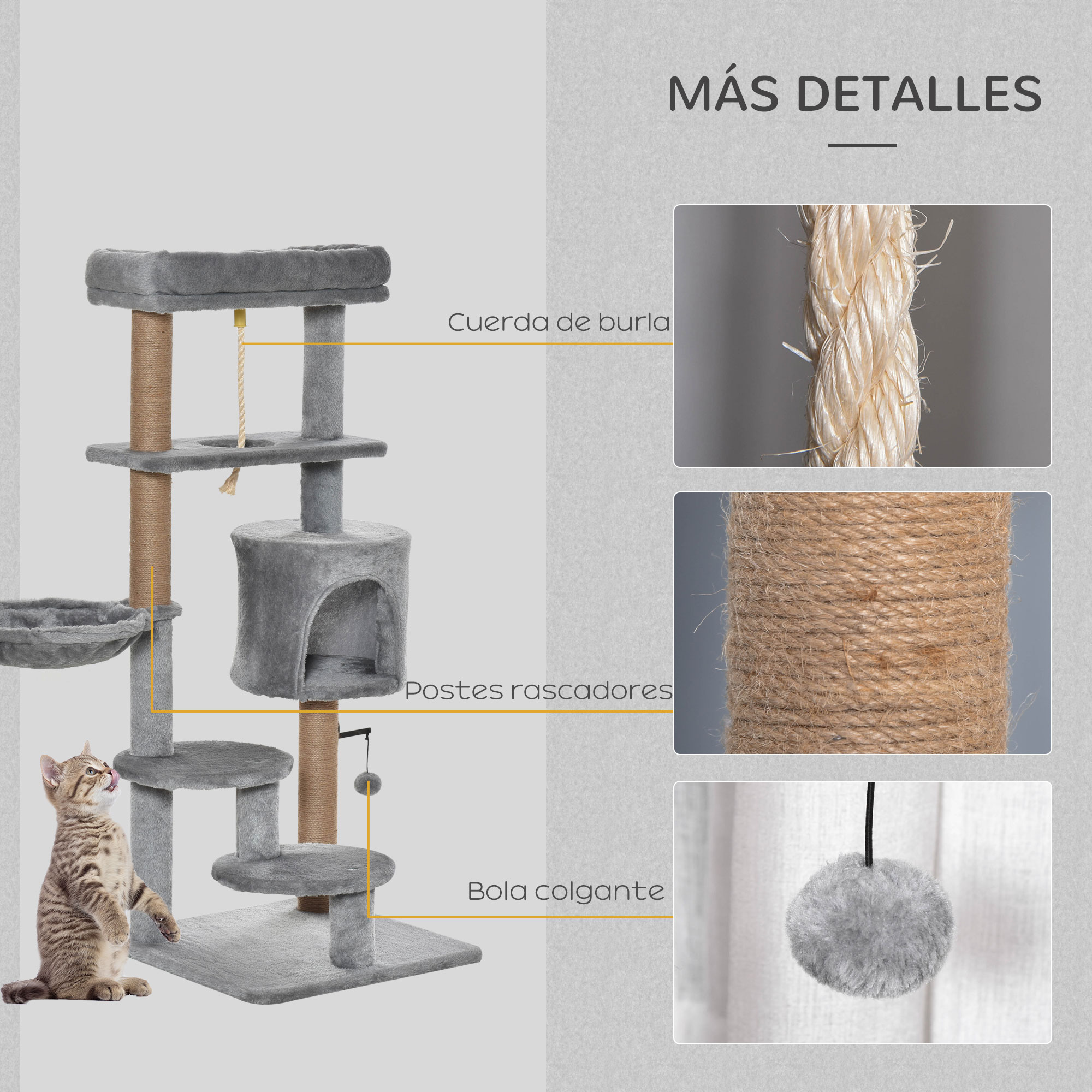 Detalles del árbol para gatos: postes rascadores, bola colgante y primer plano de cuerdas.