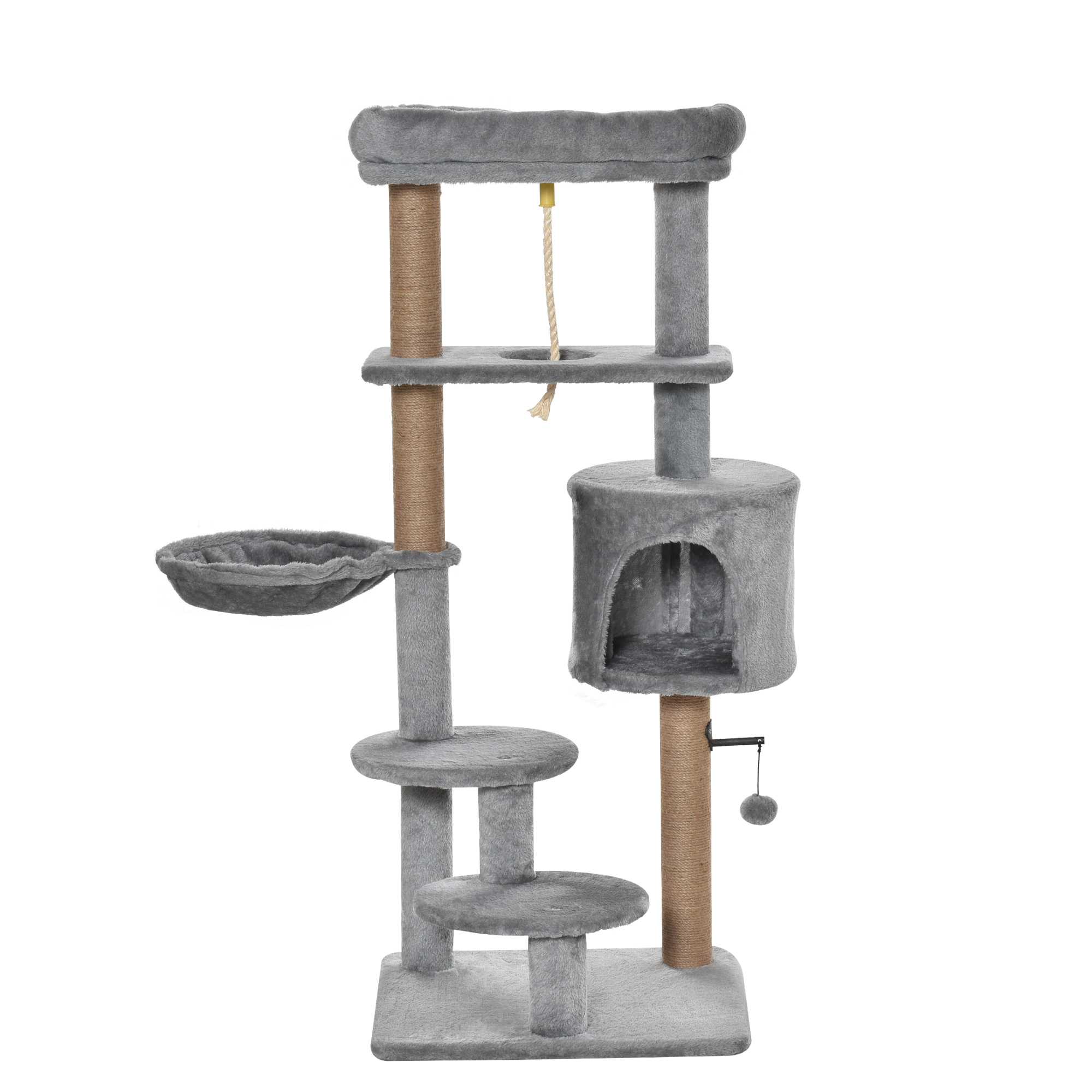 Un árbol para gatos gris con múltiples niveles, una hamaca y postes rascadores. Se encuentra sobre un fondo blanco.