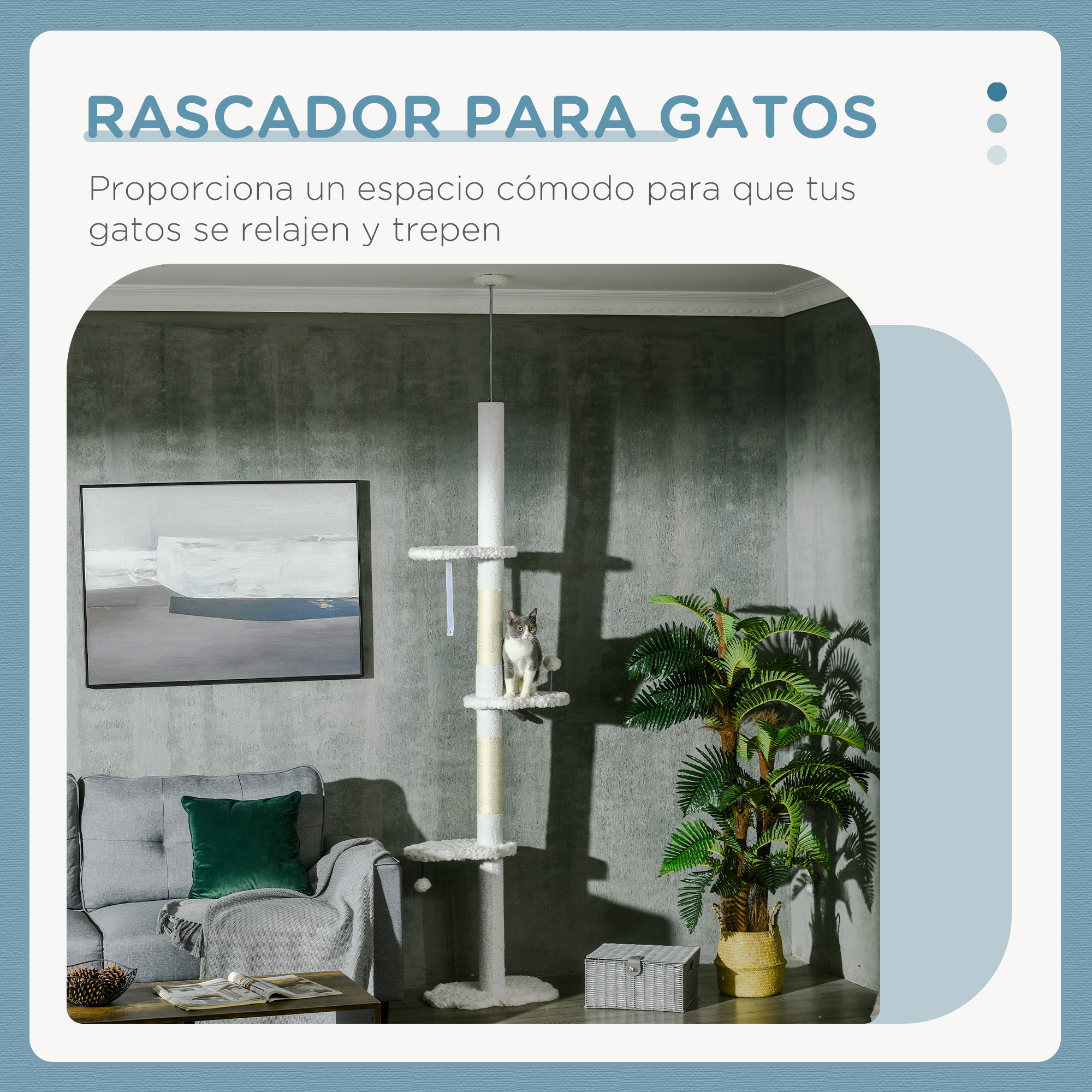 Un árbol para gatos en una habitación. Un gato está en una plataforma. Sofá y pintura.
