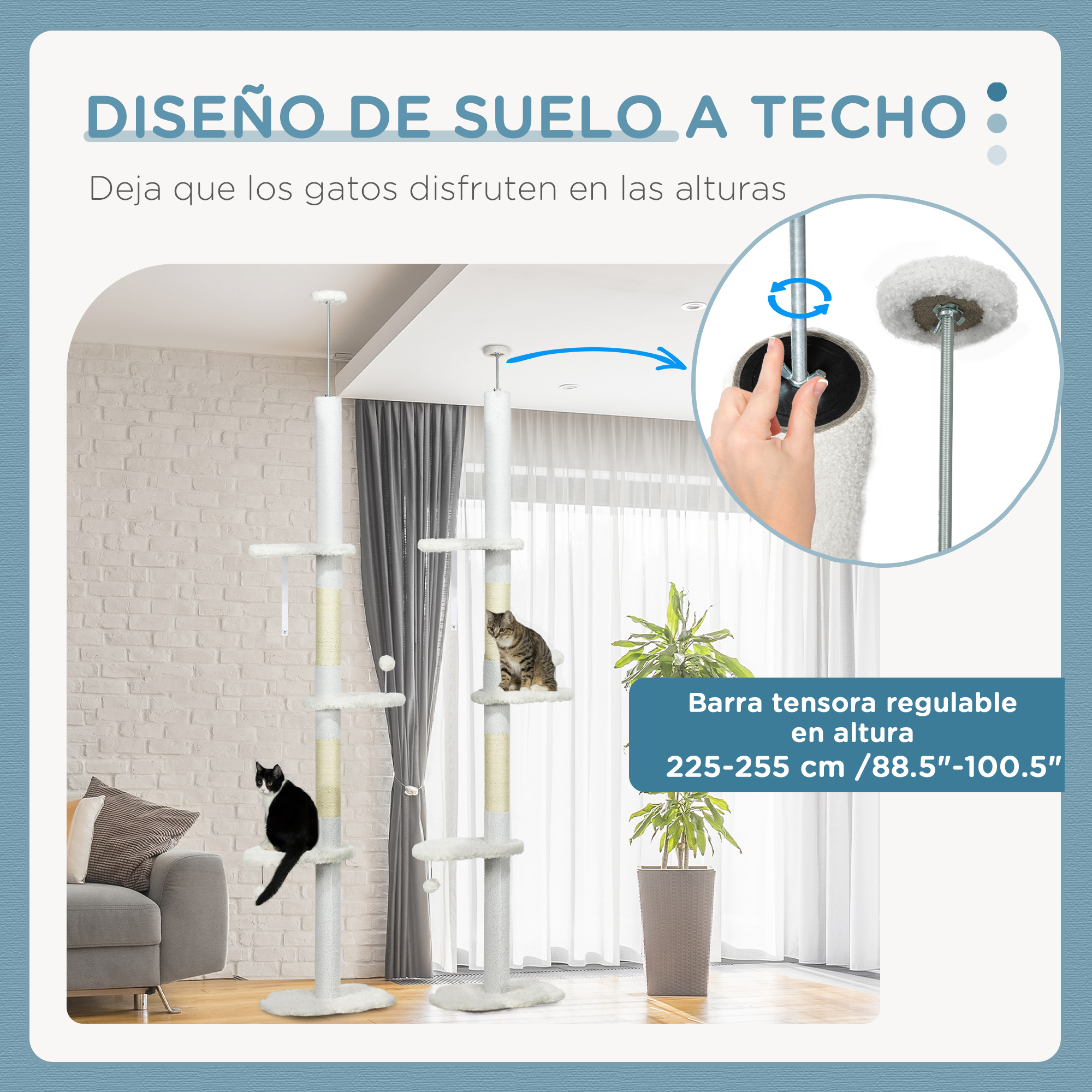 Un árbol para gatos alto con dos gatos. Uno está en un estante, el otro en la parte inferior.