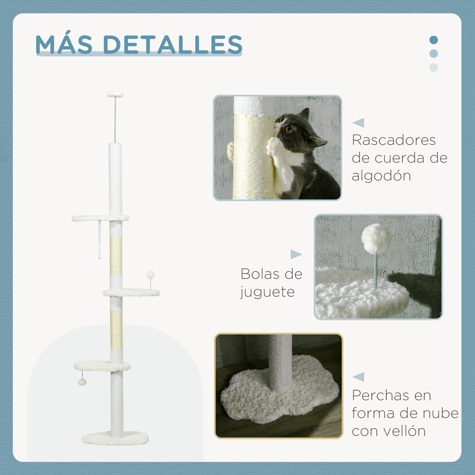 Detalles de un árbol para gatos. Hay imágenes de un gato jugando en el árbol y las características están enumeradas.