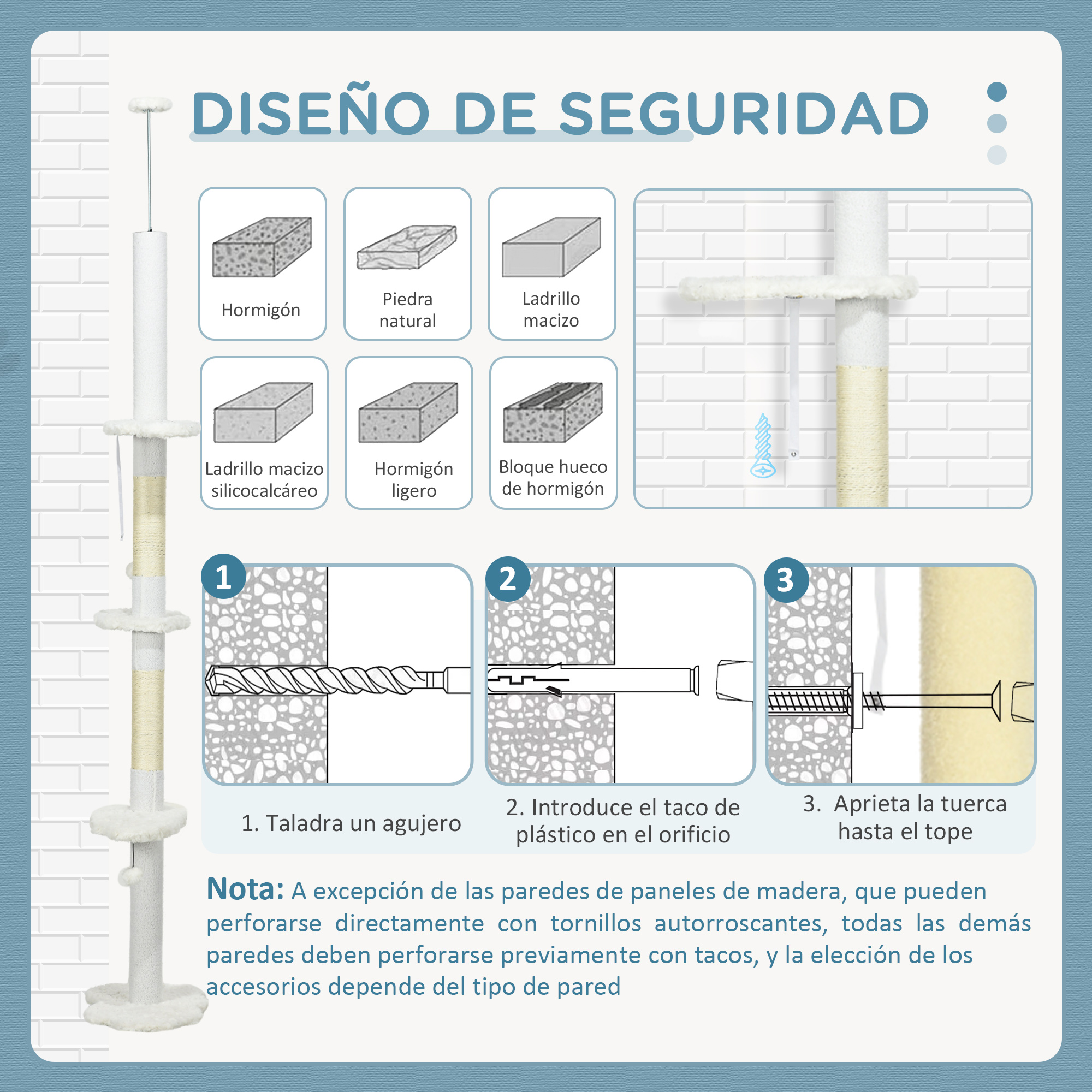 Diagrama que muestra cómo instalar un árbol para gatos. Pasos: taladrar un agujero, insertar plástico, apretar la tuerca.