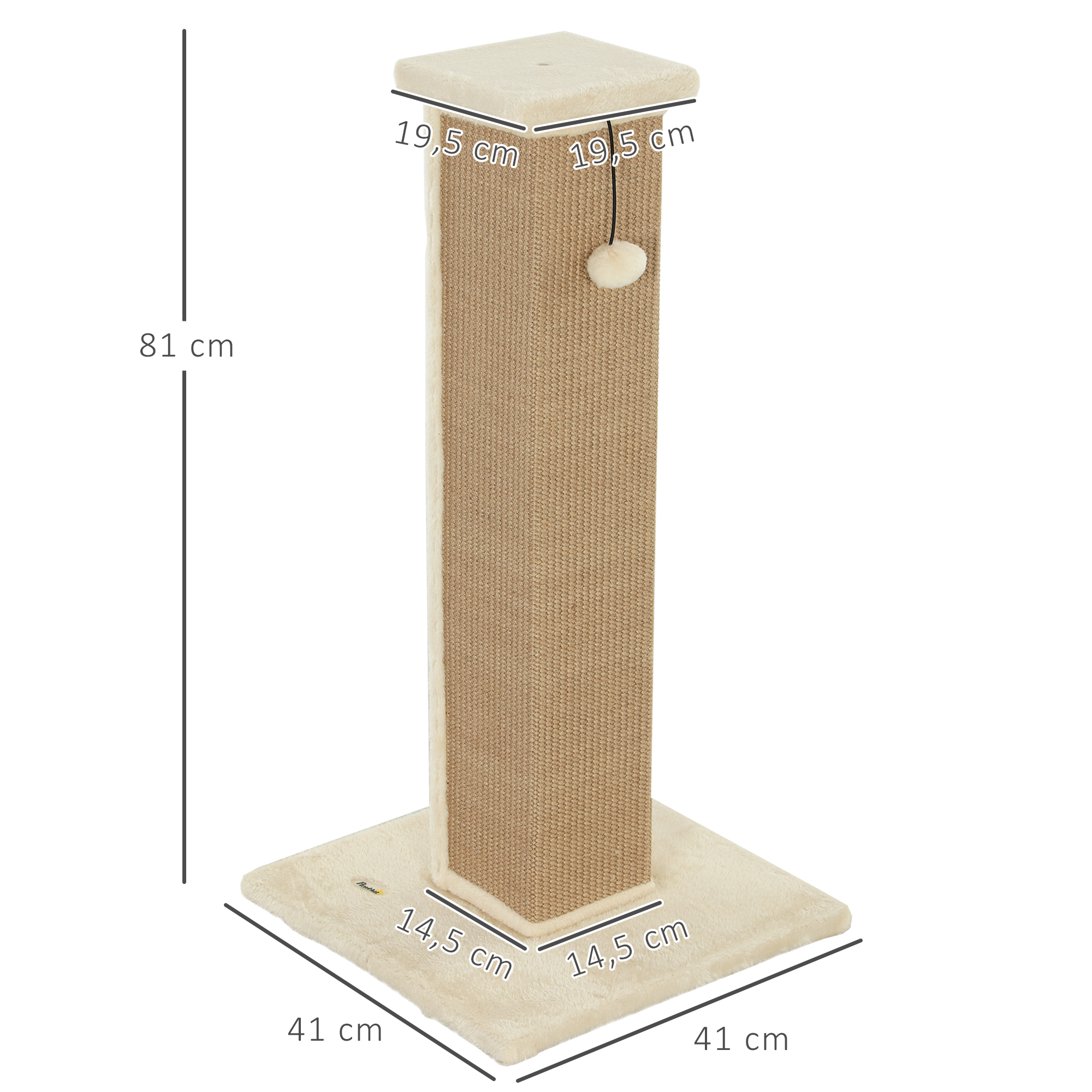 Rascador para gatos con dimensiones. La base es beige y el poste es marrón.