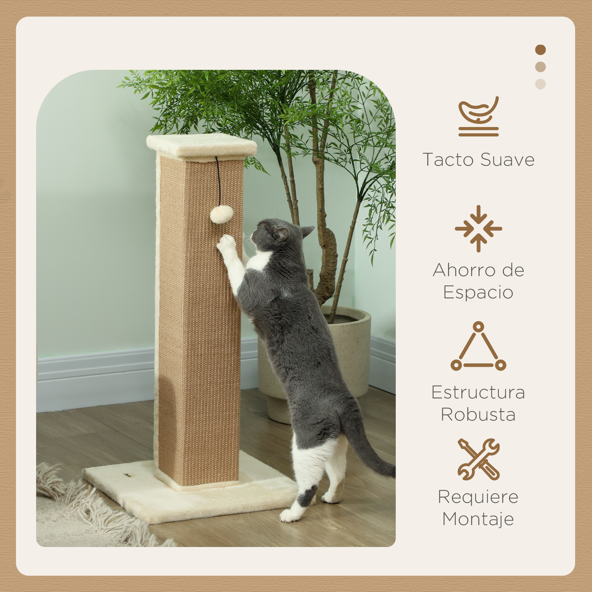 Un gato gris y blanco araña un poste beige con una bola encima. Iconos con texto a la derecha.