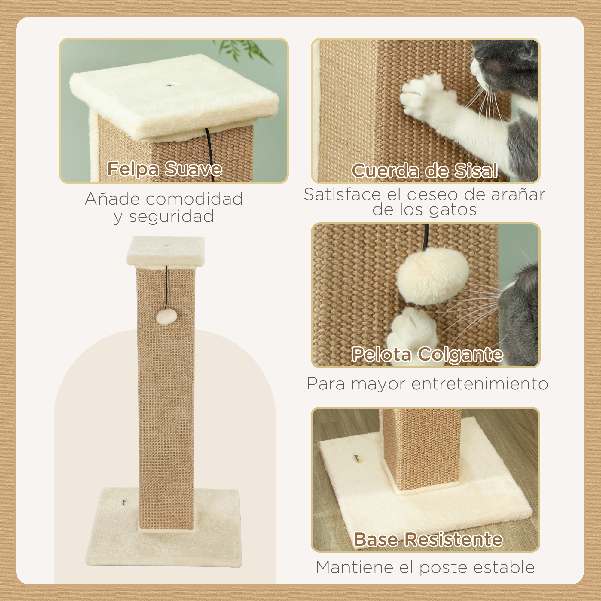 Un rascador para gatos con una parte superior suave, cuerda de sisal, una bola colgante y una base resistente.