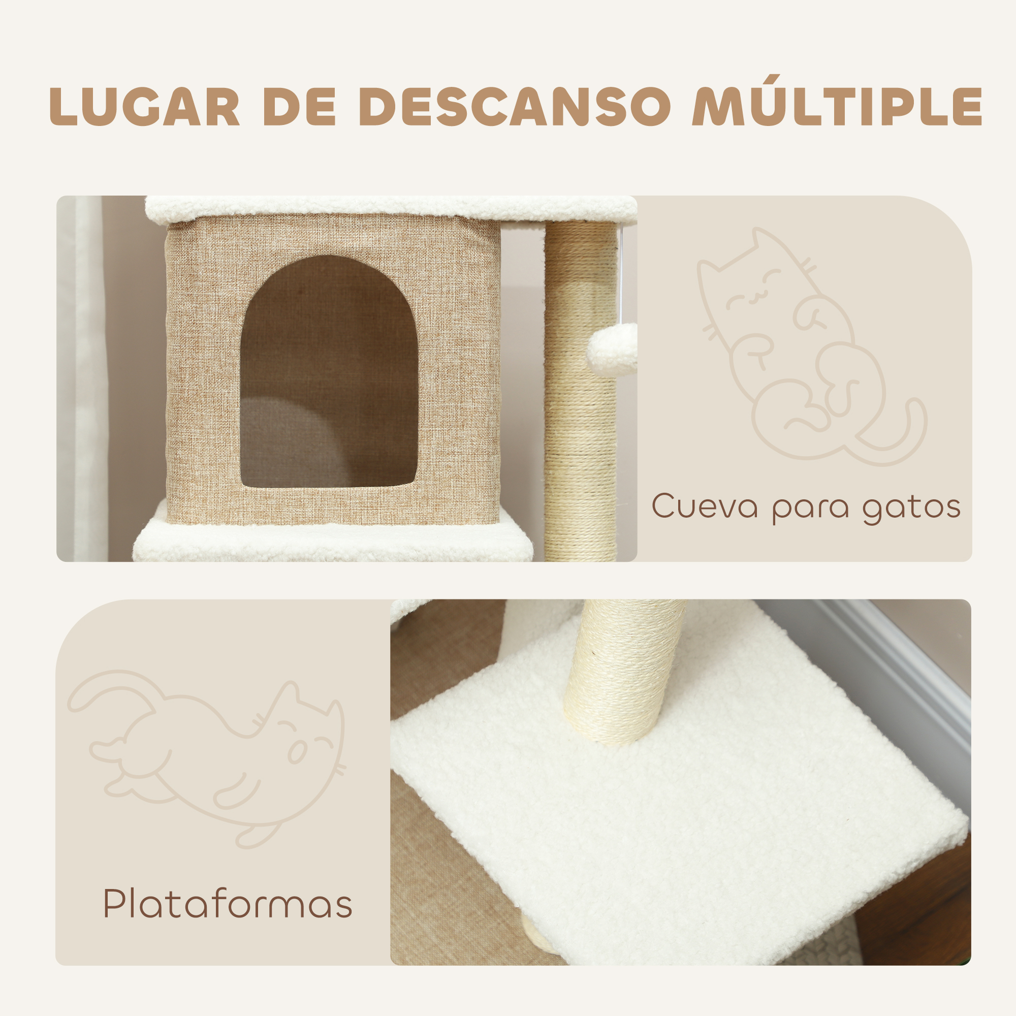 Árbol para gatos con múltiples lugares de descanso, incluyendo una cueva y plataformas. Color beige y blanco.