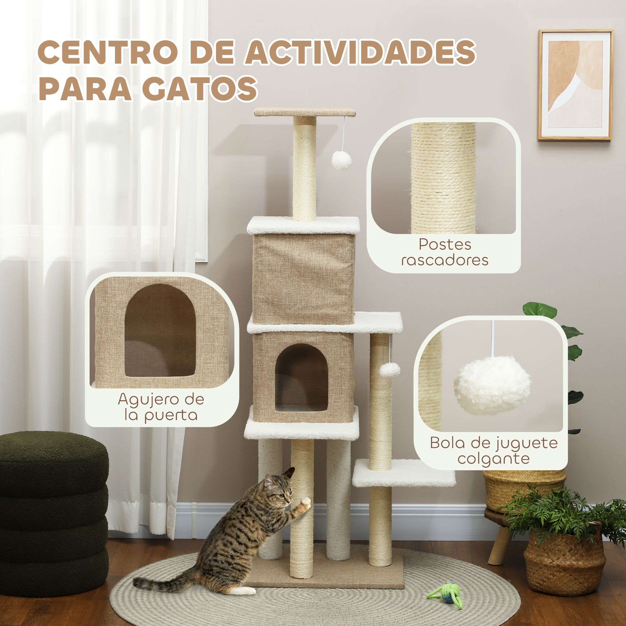 Centro de actividades para gatos. Beige, con postes rascadores, una casa para gatos y un juguete colgante.