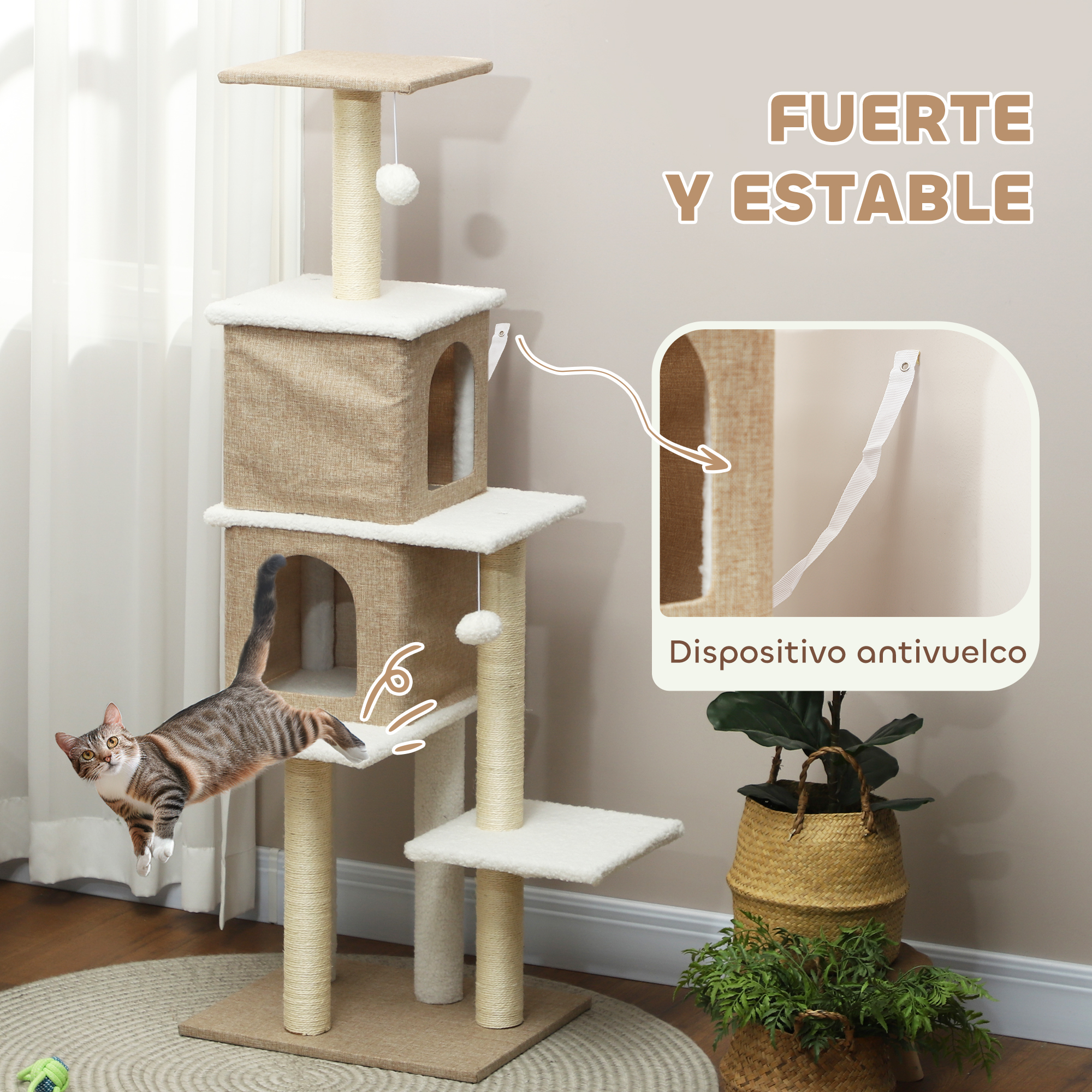 Un árbol para gatos multinivel con un gato saltando hacia él. Tiene plataformas y postes rascadores.
