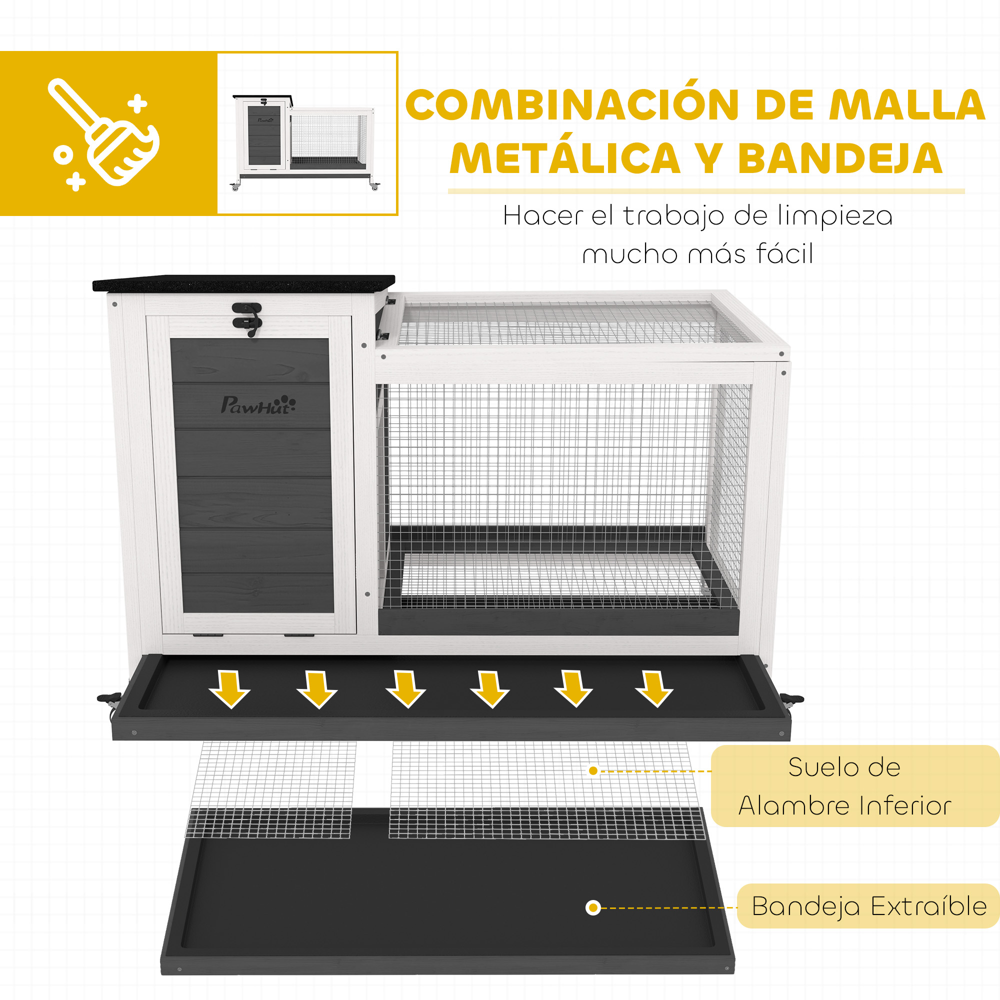 Casa para mascotas con malla metálica y bandeja extraíble, fácil limpieza.