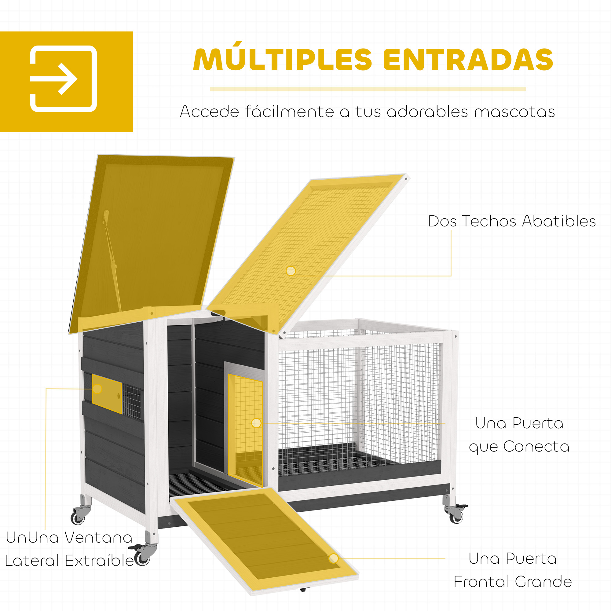 Casa para perros de madera gris y blanca con techo inclinado.