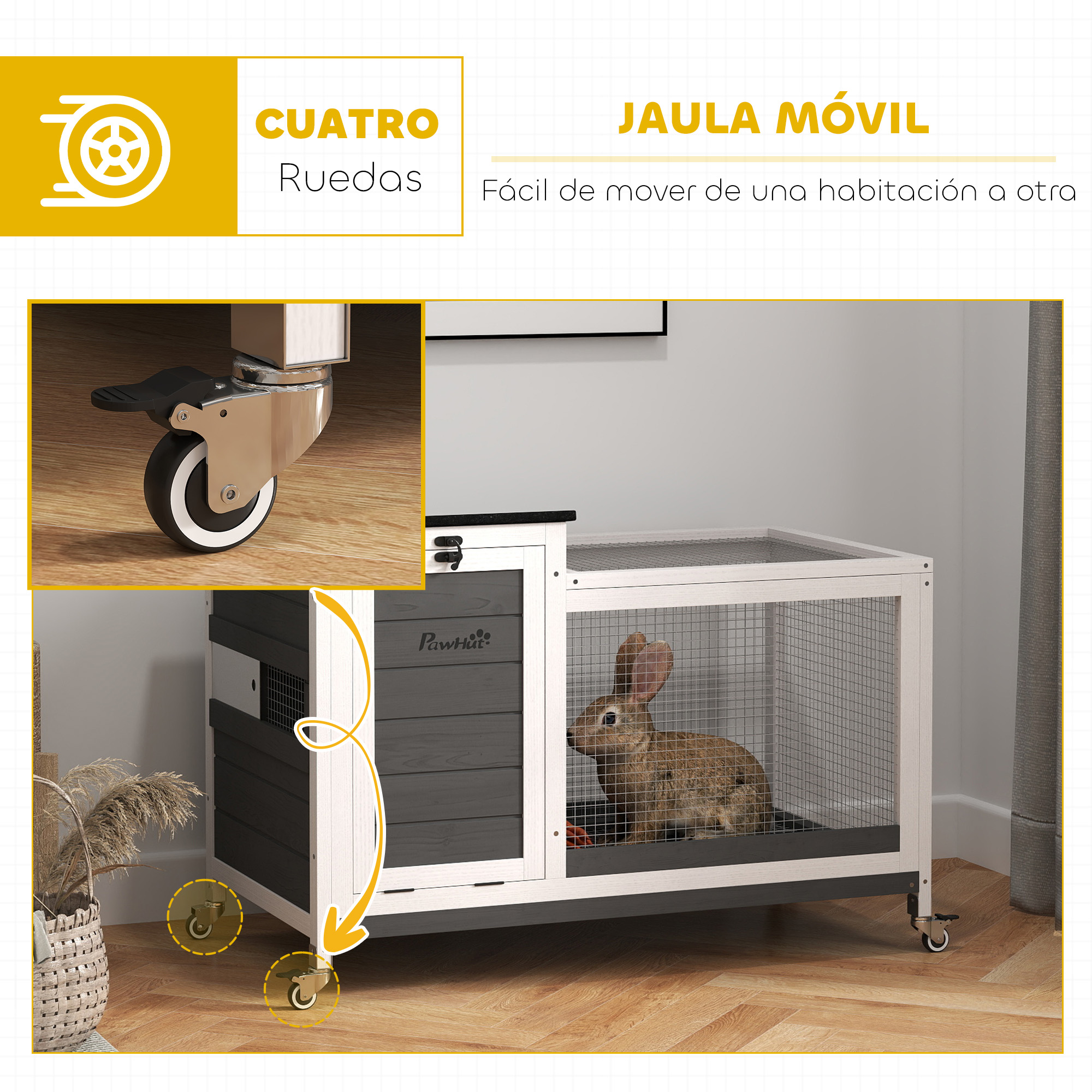Jaula móvil para conejos con ruedas y estructura de madera. Tiene una combinación de colores gris y blanco con un conejo dentro.