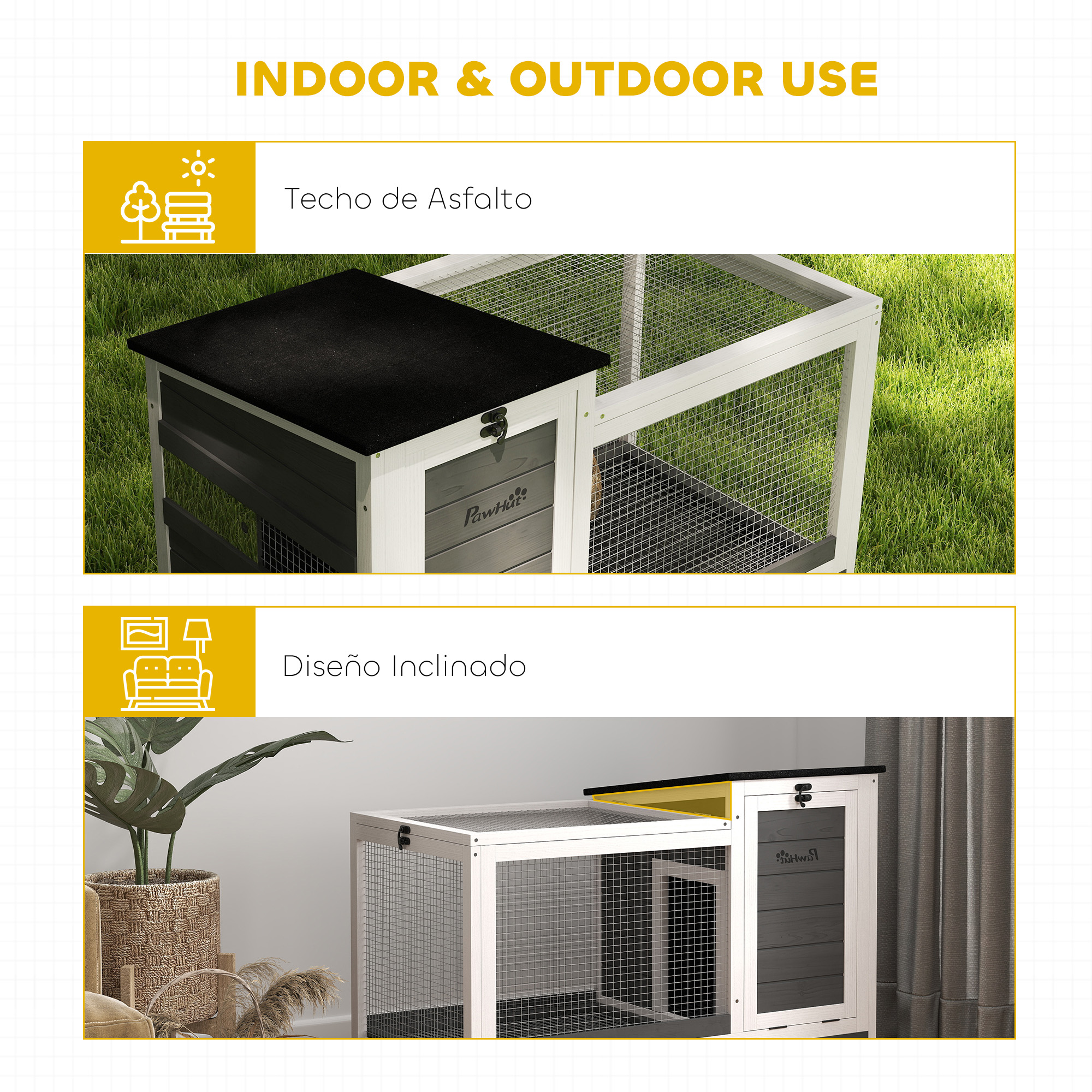 Casa para perros con techo de asfalto y una casa para perros en una habitación.