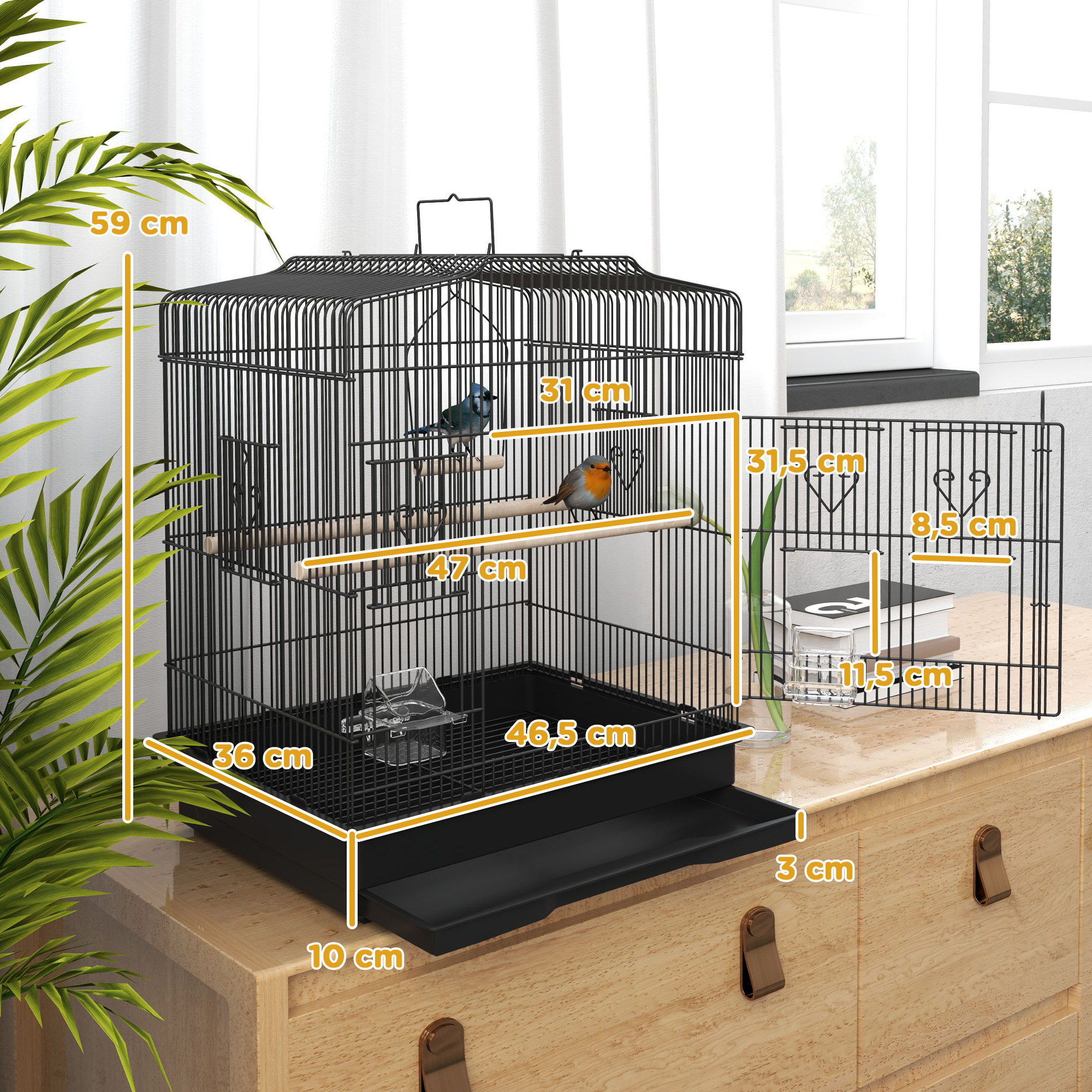 Una jaula negra para pájaros con dimensiones etiquetadas. Dos pájaros están dentro, cerca de una ventana.