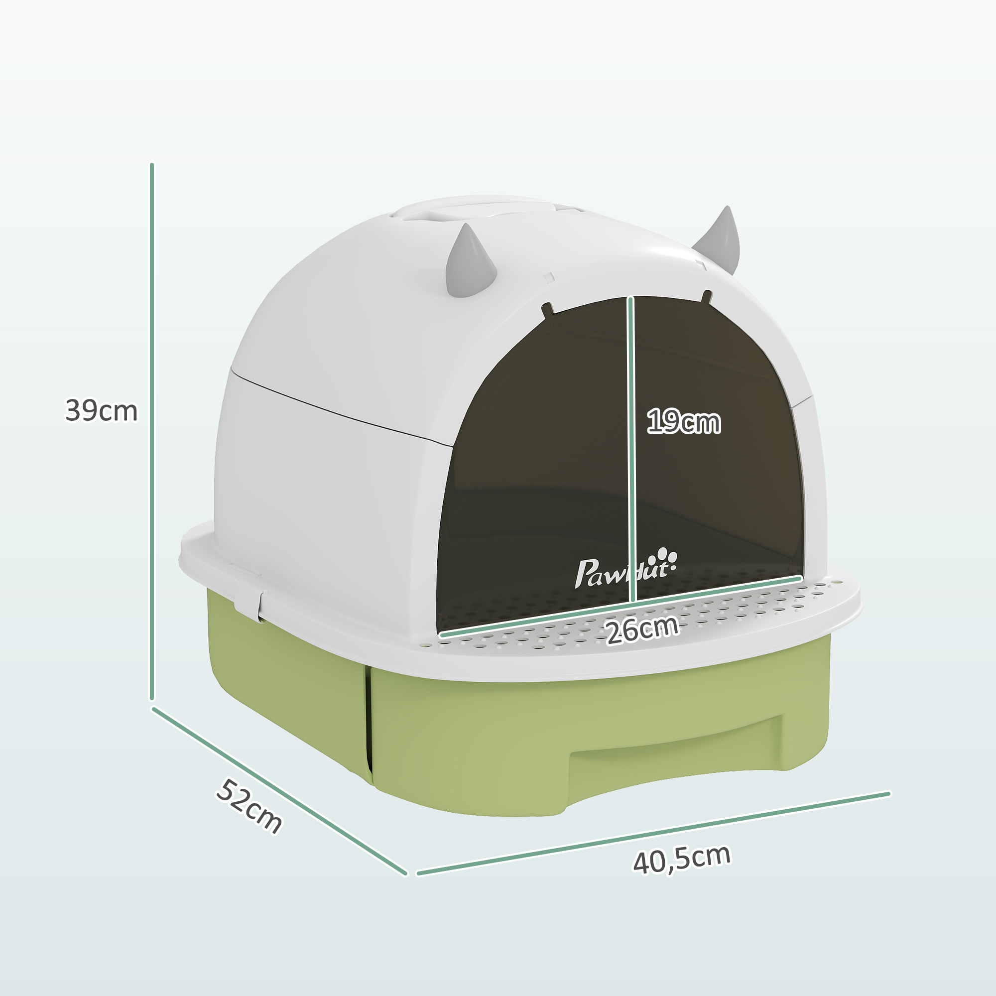 Un arenero para gatos verde y blanco con dimensiones indicadas. El logo de PawHut es visible.
