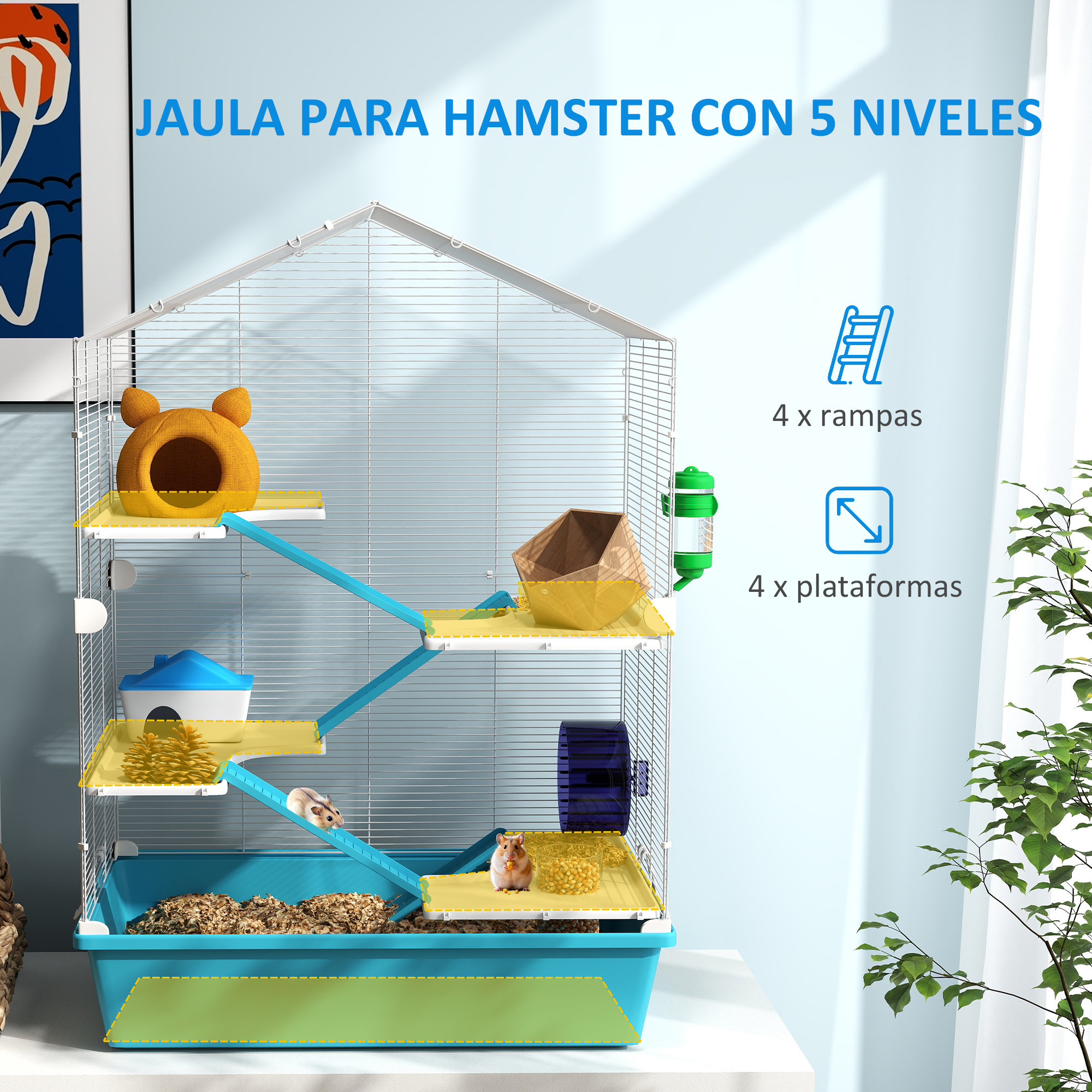 Jaula para hámster con múltiples niveles, rampas y plataformas, y accesorios para hámster.