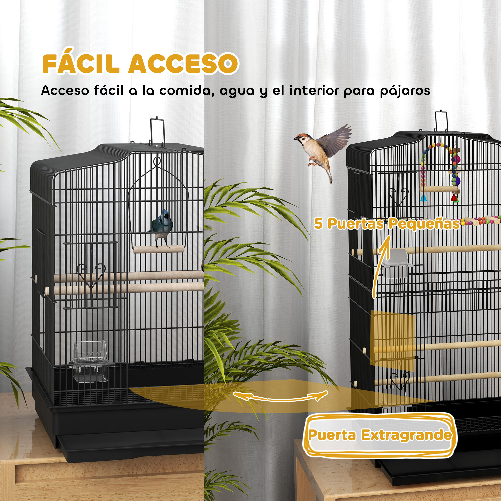 Dos jaulas negras para pájaros con pájaros. Una muestra una puerta abierta, la otra un pájaro en vuelo.