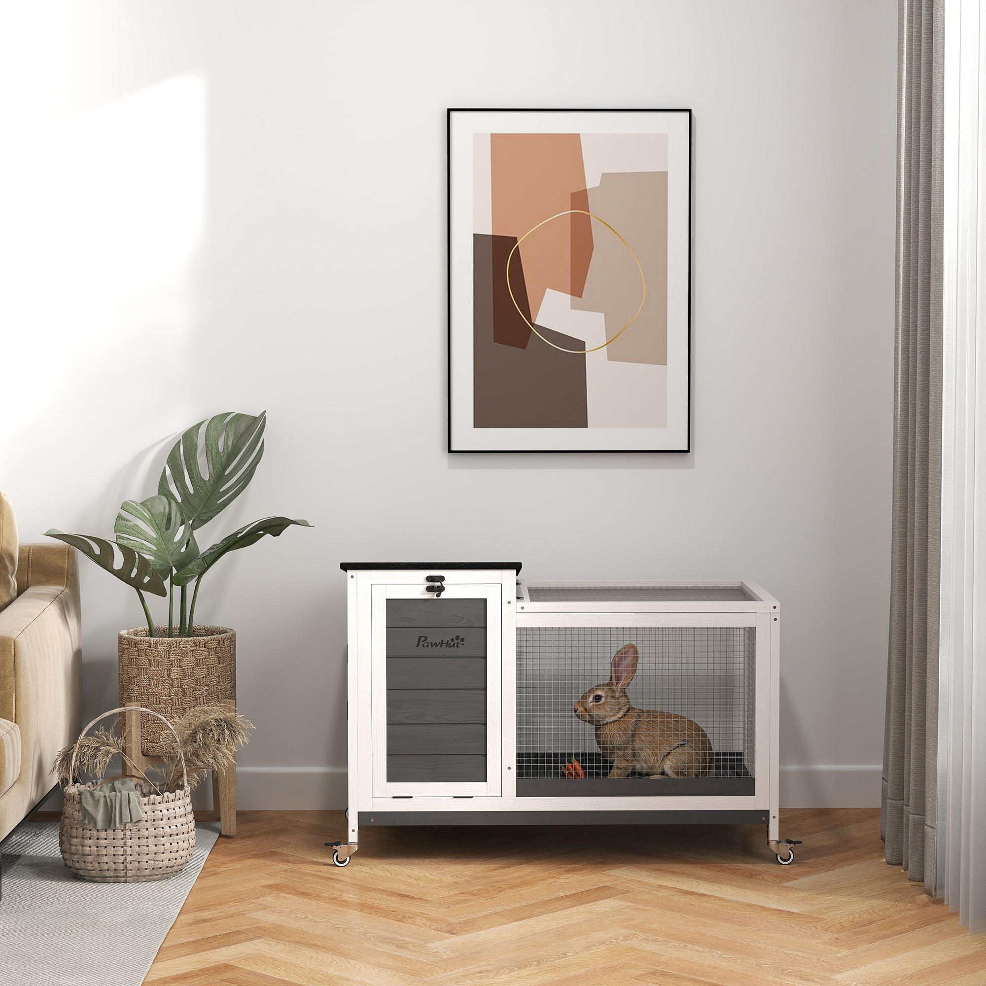 Conejera interior con un conejo dentro. Diseño moderno con madera, detalles blancos y negros, y pintura.