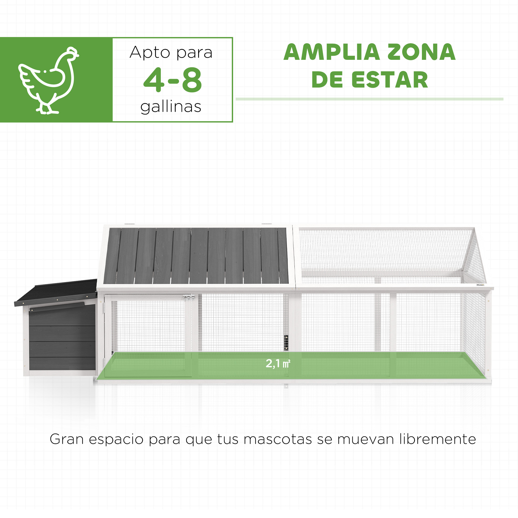 Un gallinero blanco con techo gris. El texto indica que es para 4-8 gallinas.