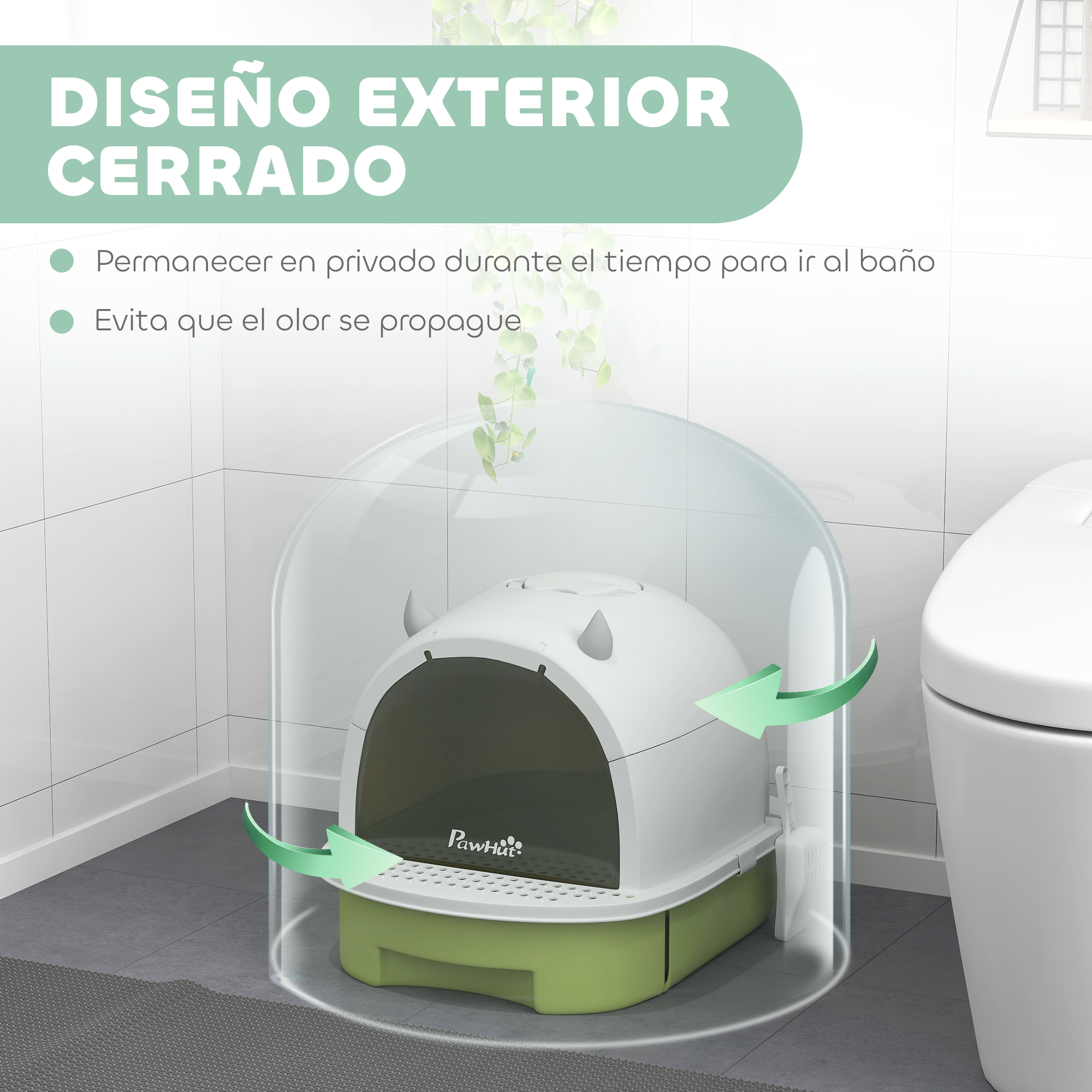 Arenero cerrado para gatos en un baño.