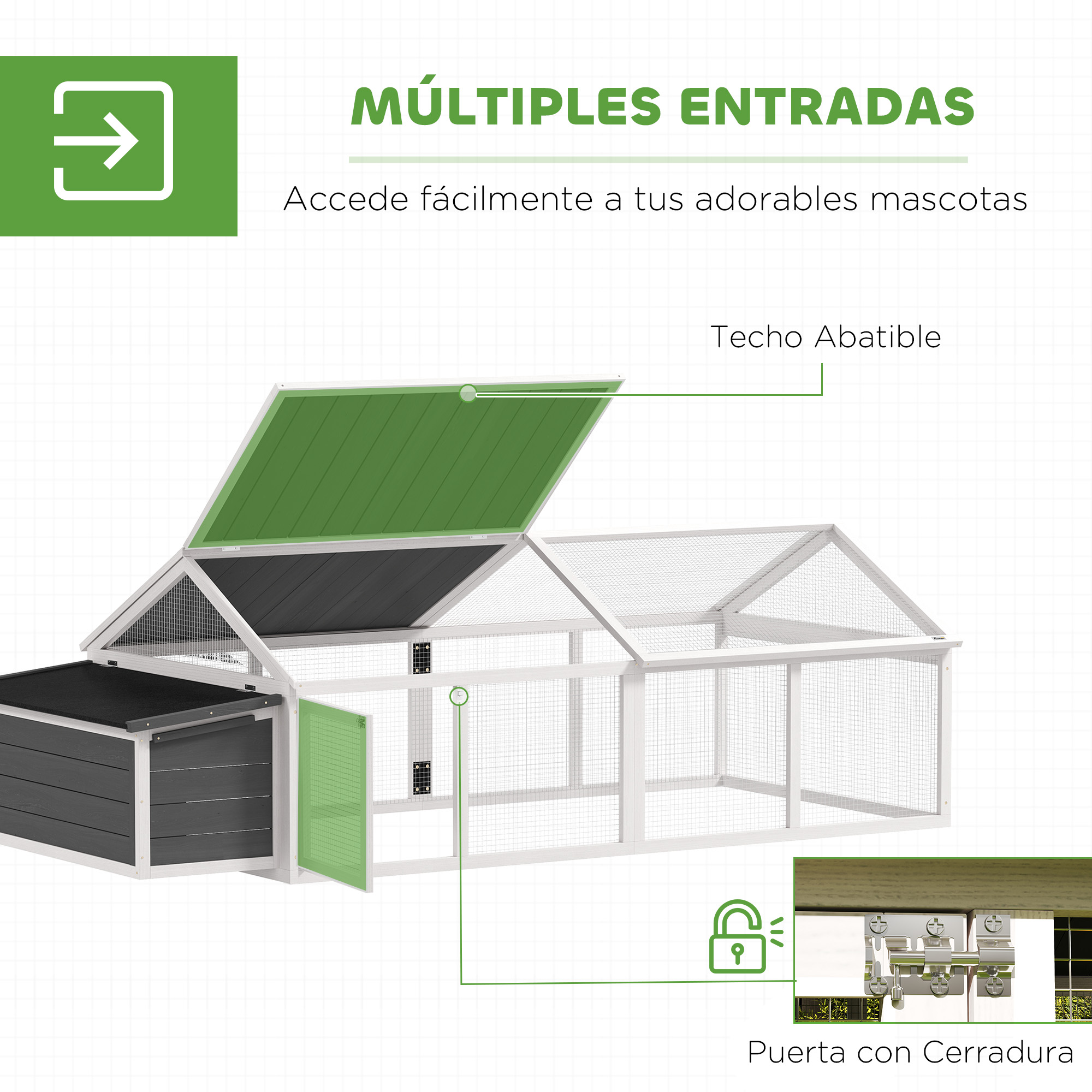 Una casa para mascotas blanca y gris con múltiples entradas y un techo abatible.