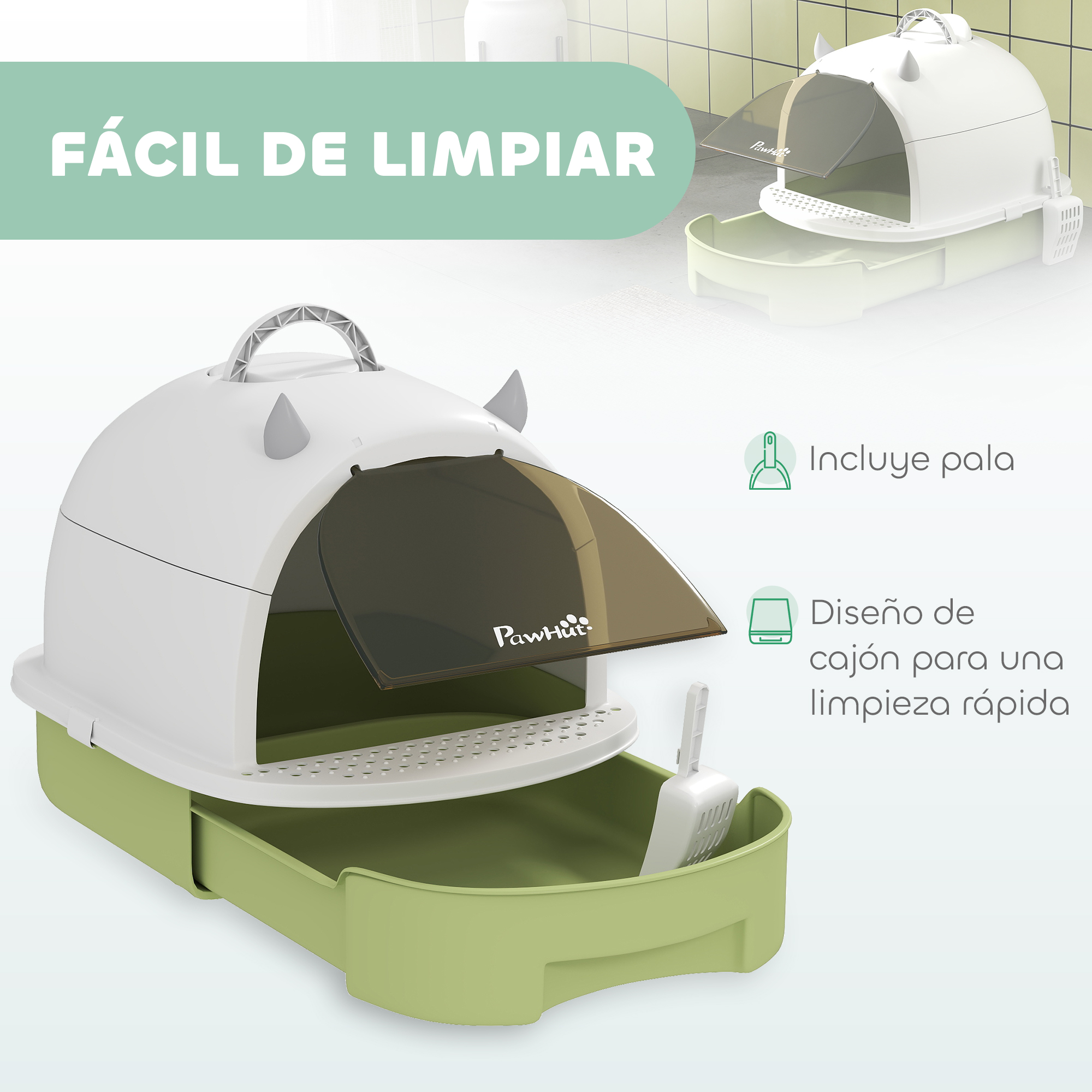 Una caja de arena para gatos con una pala, con tapa blanca y base verde, y un gato encima.