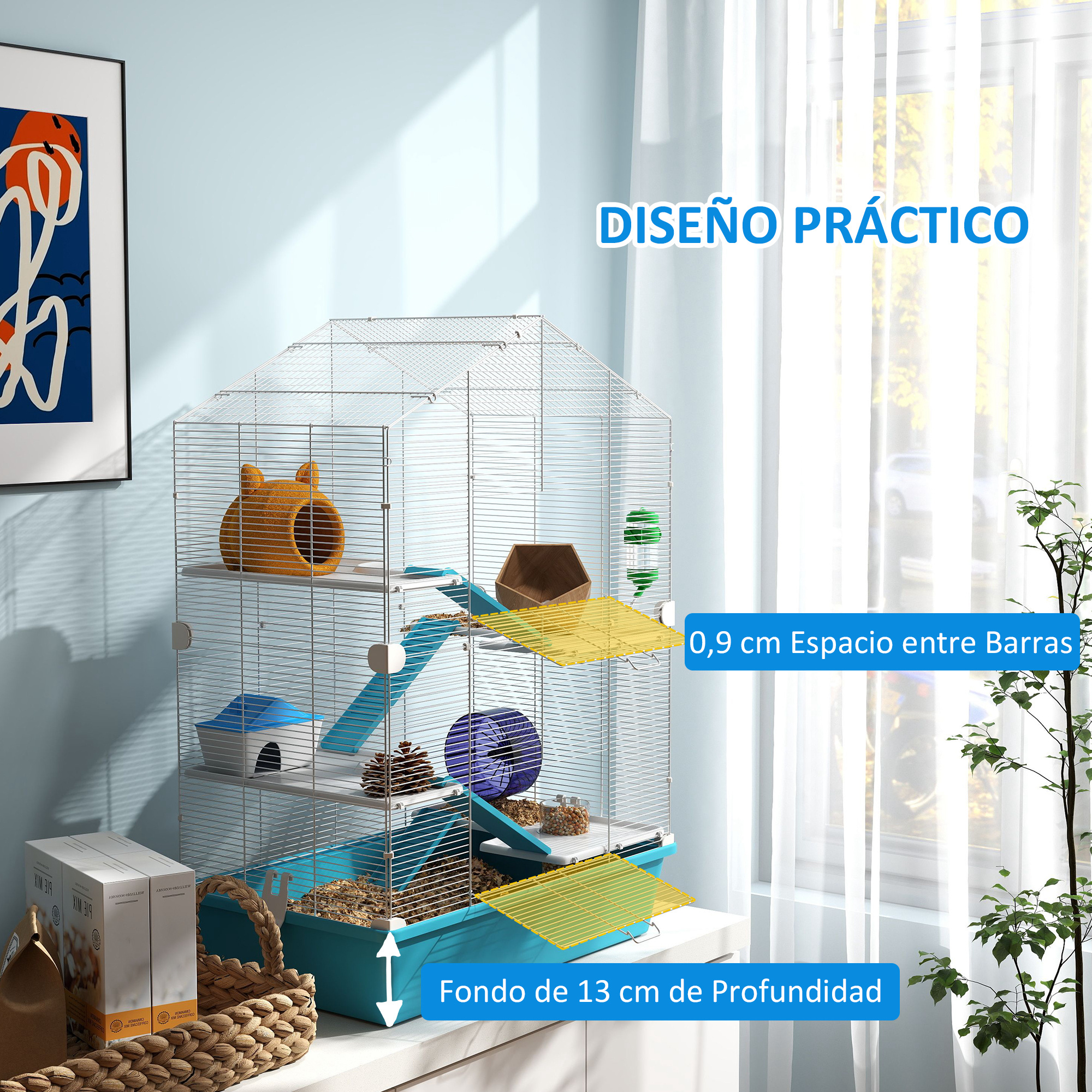 Una jaula de metal para hámsteres con múltiples niveles, rampas y una base azul. Se encuentra contra una pared azul y ventana.
