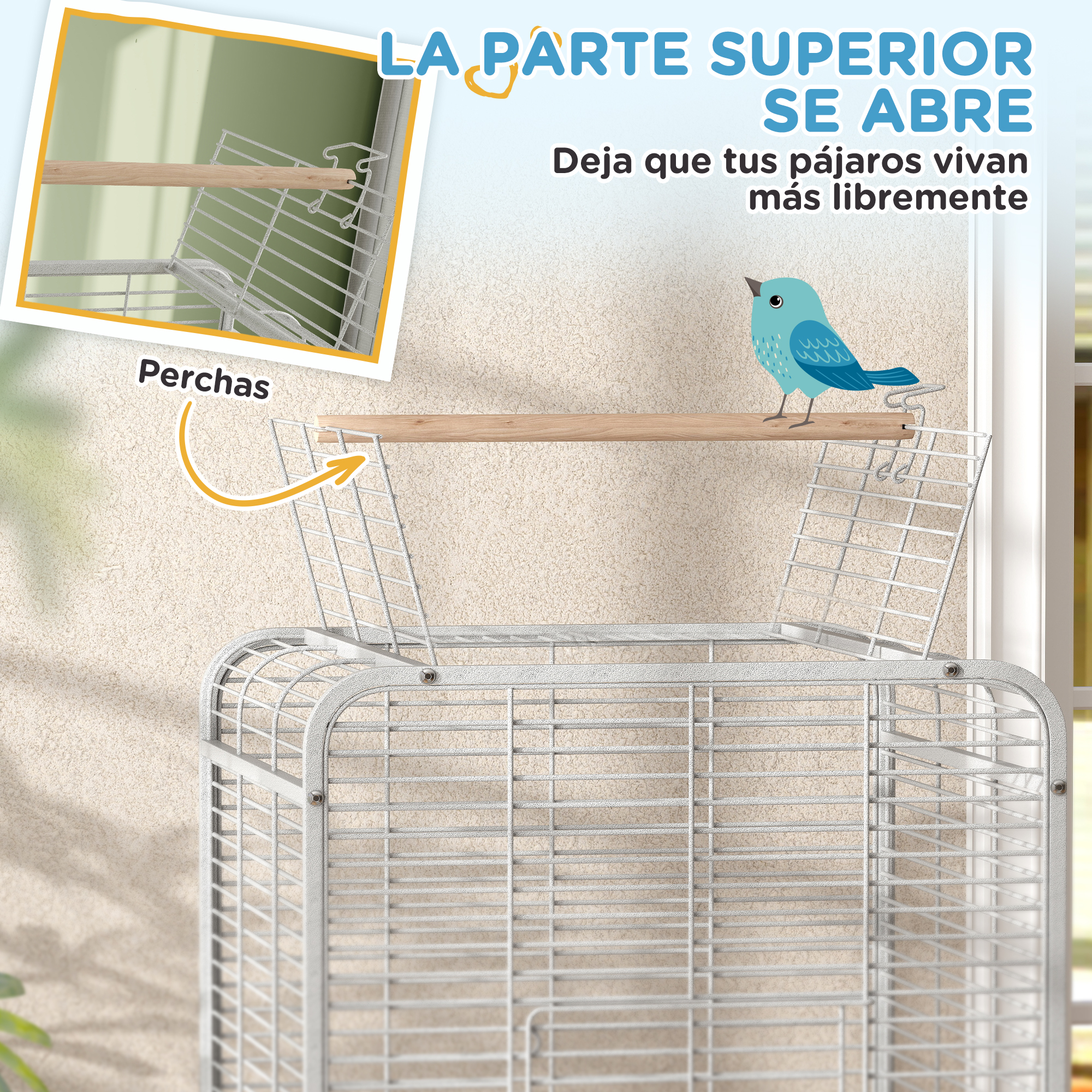 Jaula para pájaros con un pájaro azul, percha de madera y una jaula blanca.