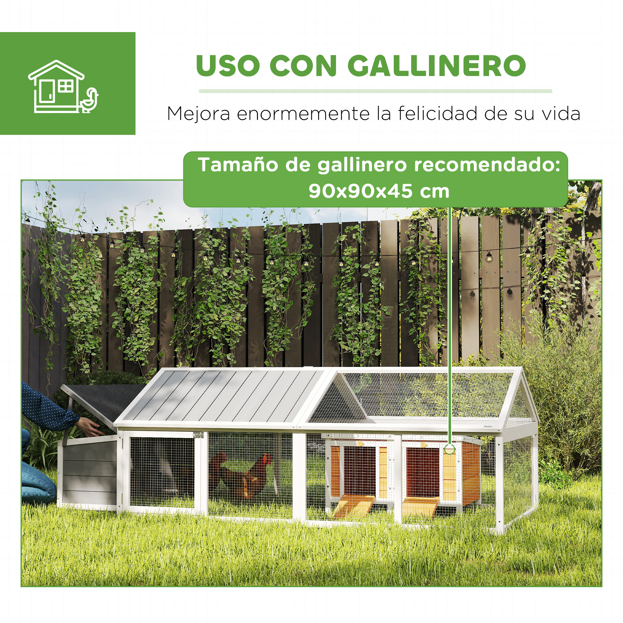 Un gallinero en un jardín trasero. El texto sugiere que es adecuado y mejora la calidad de vida.