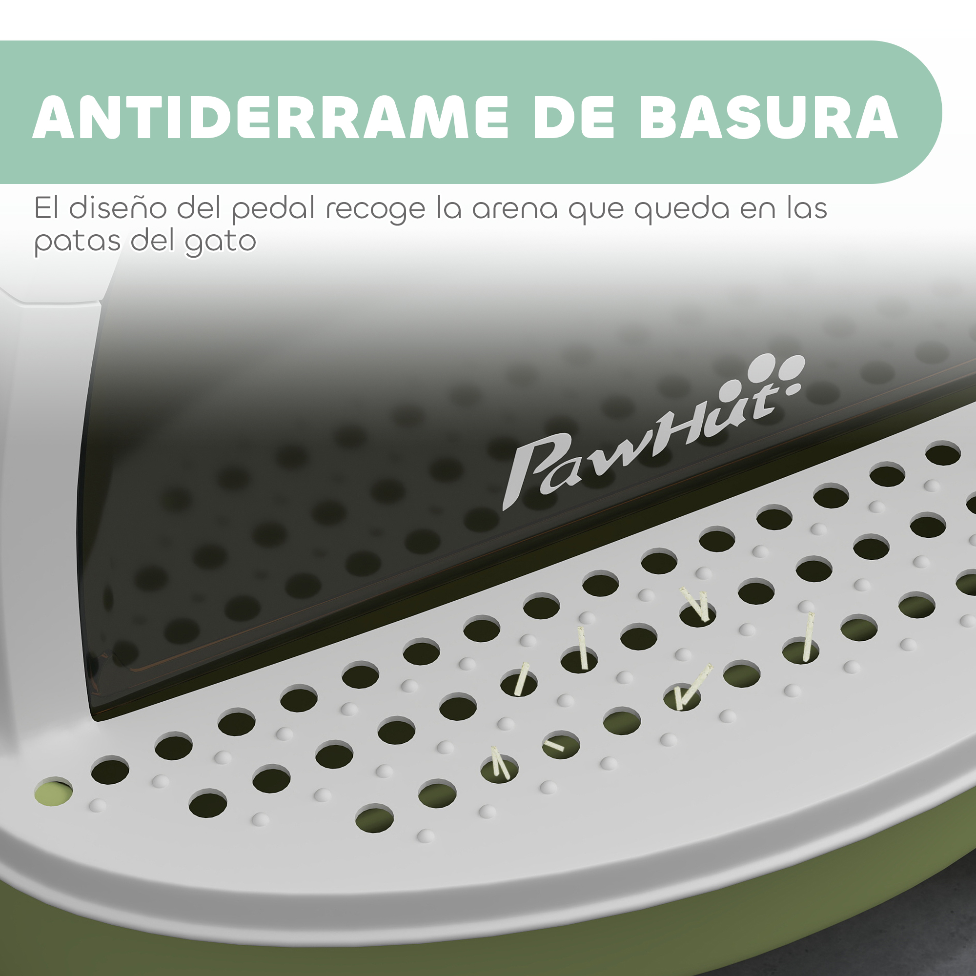 Un primer plano de una caja de arena para gatos. El diseño se centra en la prevención de derrames, mostrando una rejilla y el logo de PawHut.