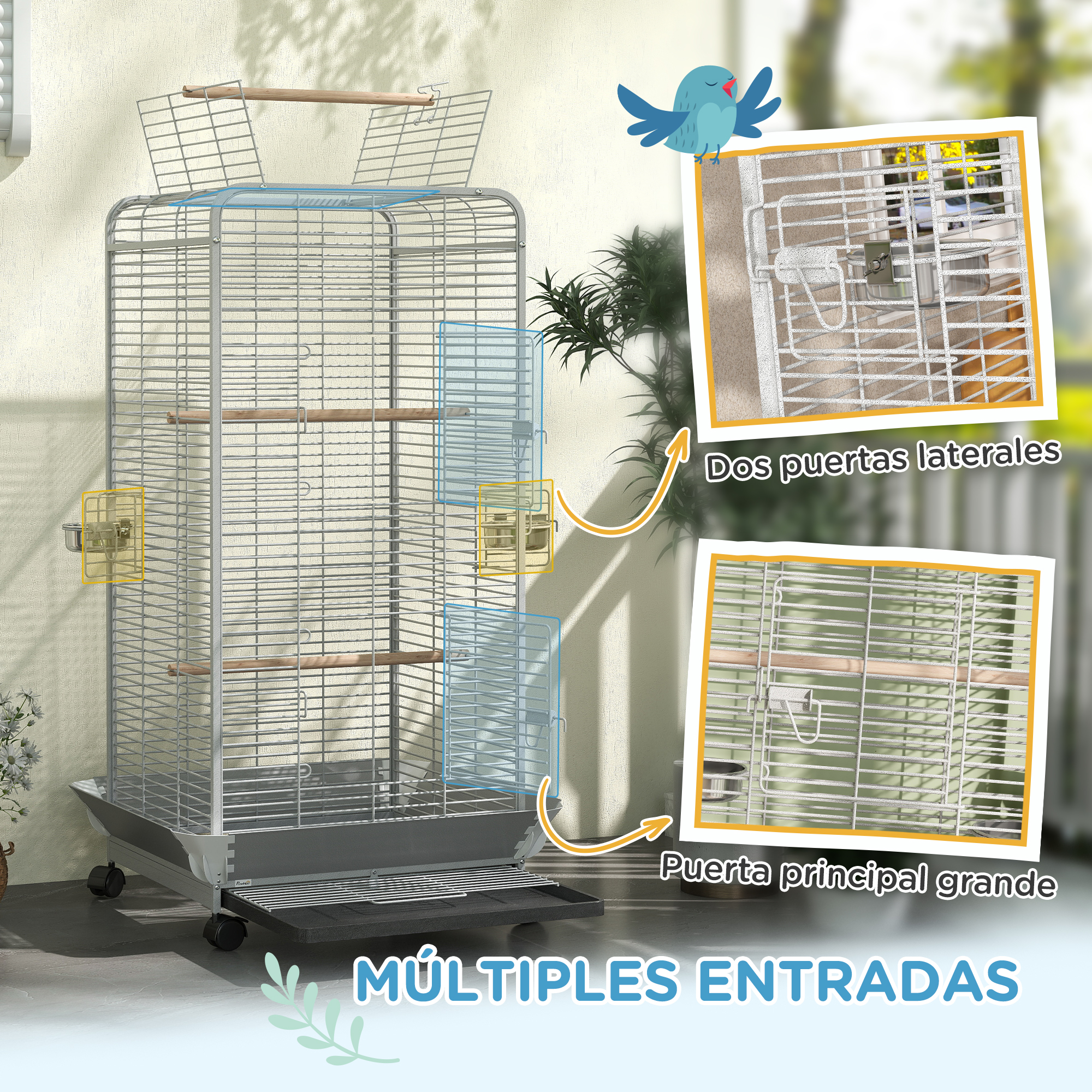 Una jaula de pájaros con múltiples entradas, detallada con flechas y etiquetas en español, y una ilustración de un pájaro azul.